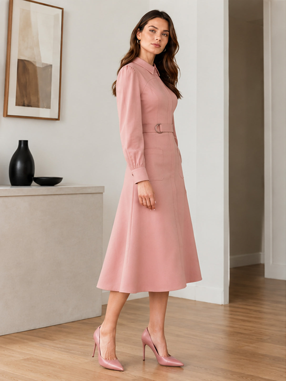 Dusty Pink Collared Long Sleeve Belted Patch Pocket A-Line Midi Shirt Dress