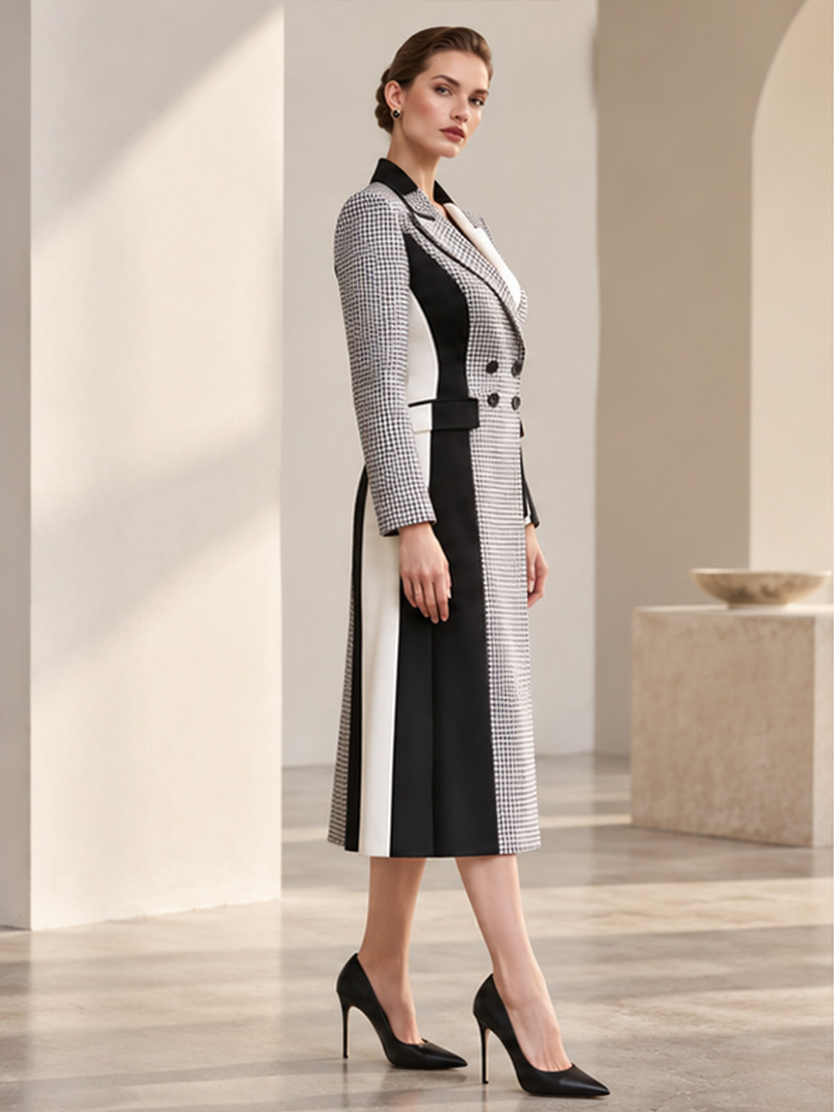 Black White Houndstooth Color Block Peak Lapel Double Breasted Long Blazer Coat