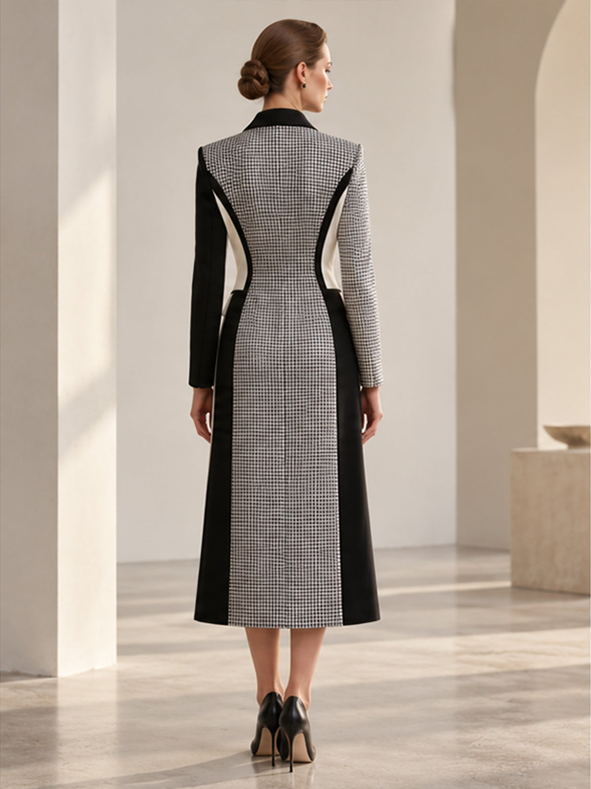 Black White Houndstooth Color Block Peak Lapel Double Breasted Long Blazer Coat