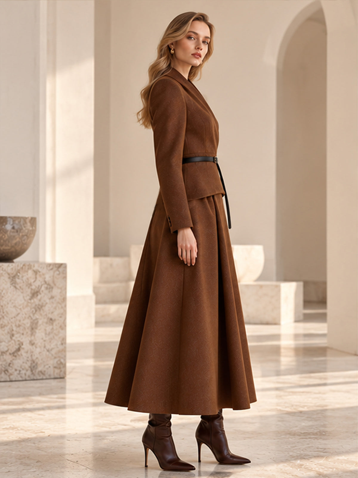 Brown Textured Shawl Lapel Wrap Peplum Long Coat