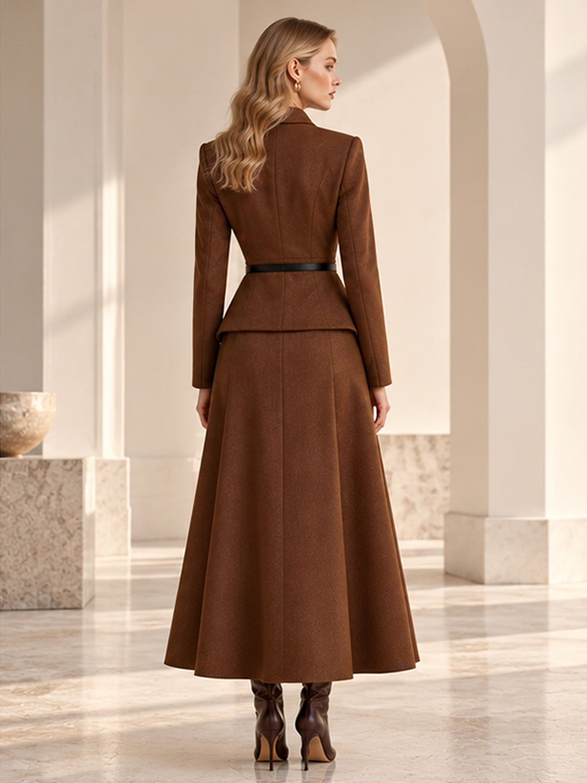 Brown Textured Shawl Lapel Wrap Peplum Long Coat