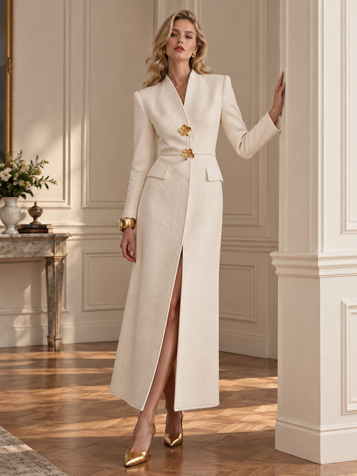 Cream Textured V-Neck Gold Floral Buckle Belted Front Slit Long Coat