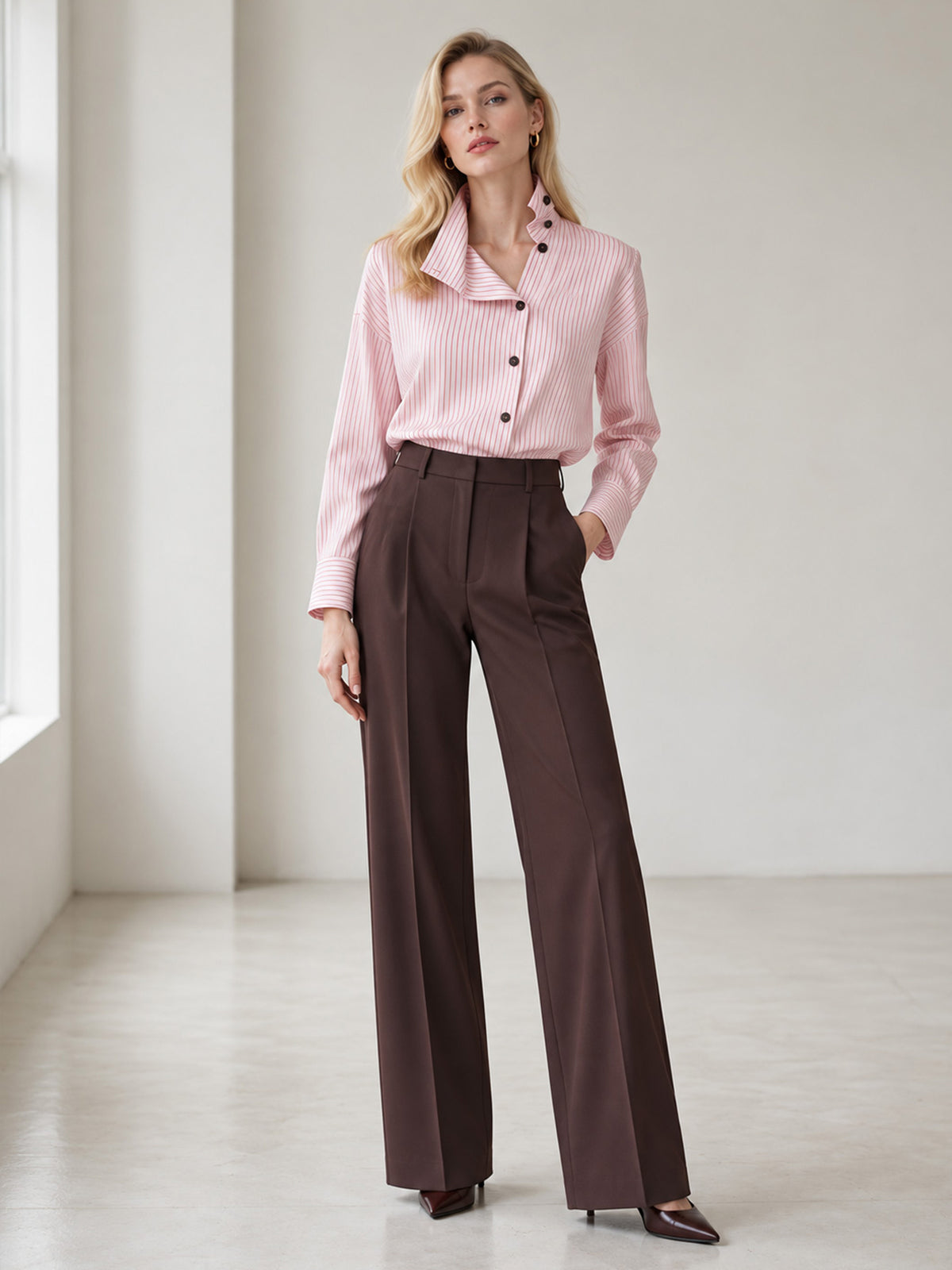 Pink White Stripe Asymmetrical Stand Collar Long Sleeve Button Down Shirt