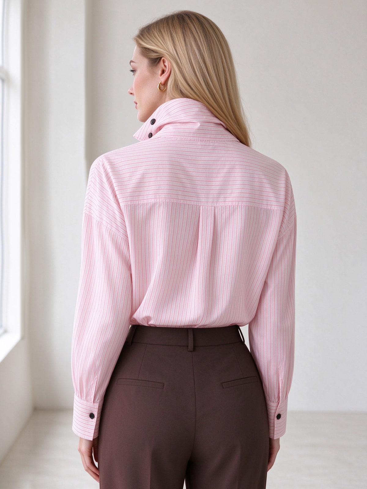 Pink White Stripe Asymmetrical Stand Collar Long Sleeve Button Down Shirt