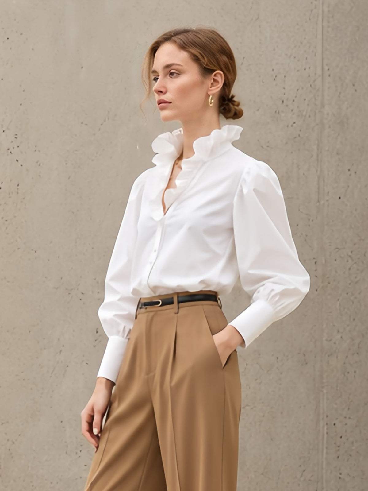 White Ruffle V-Neck Puff Long Sleeve Button Down Shirt