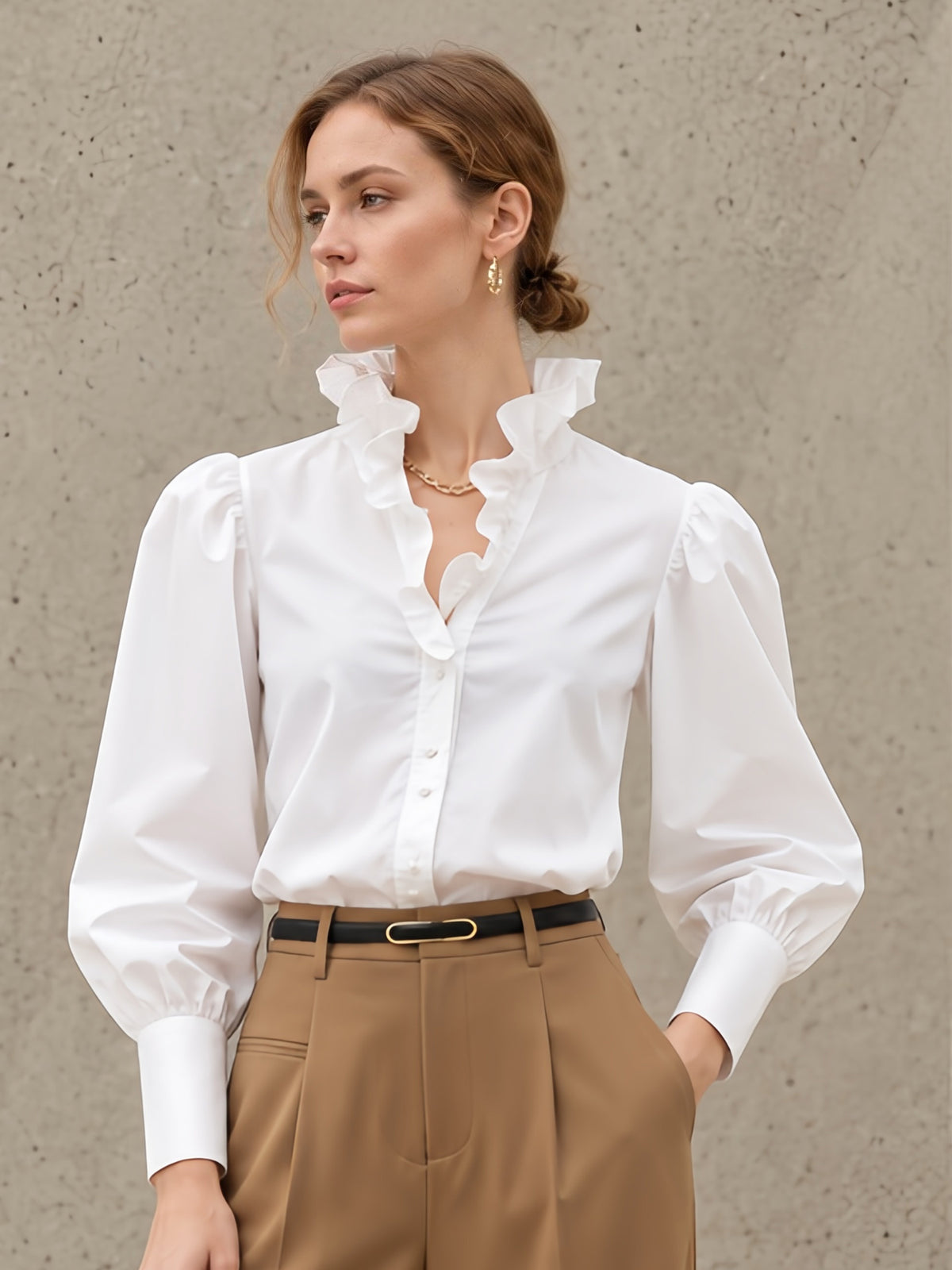 White Ruffle V-Neck Puff Long Sleeve Button Down Shirt