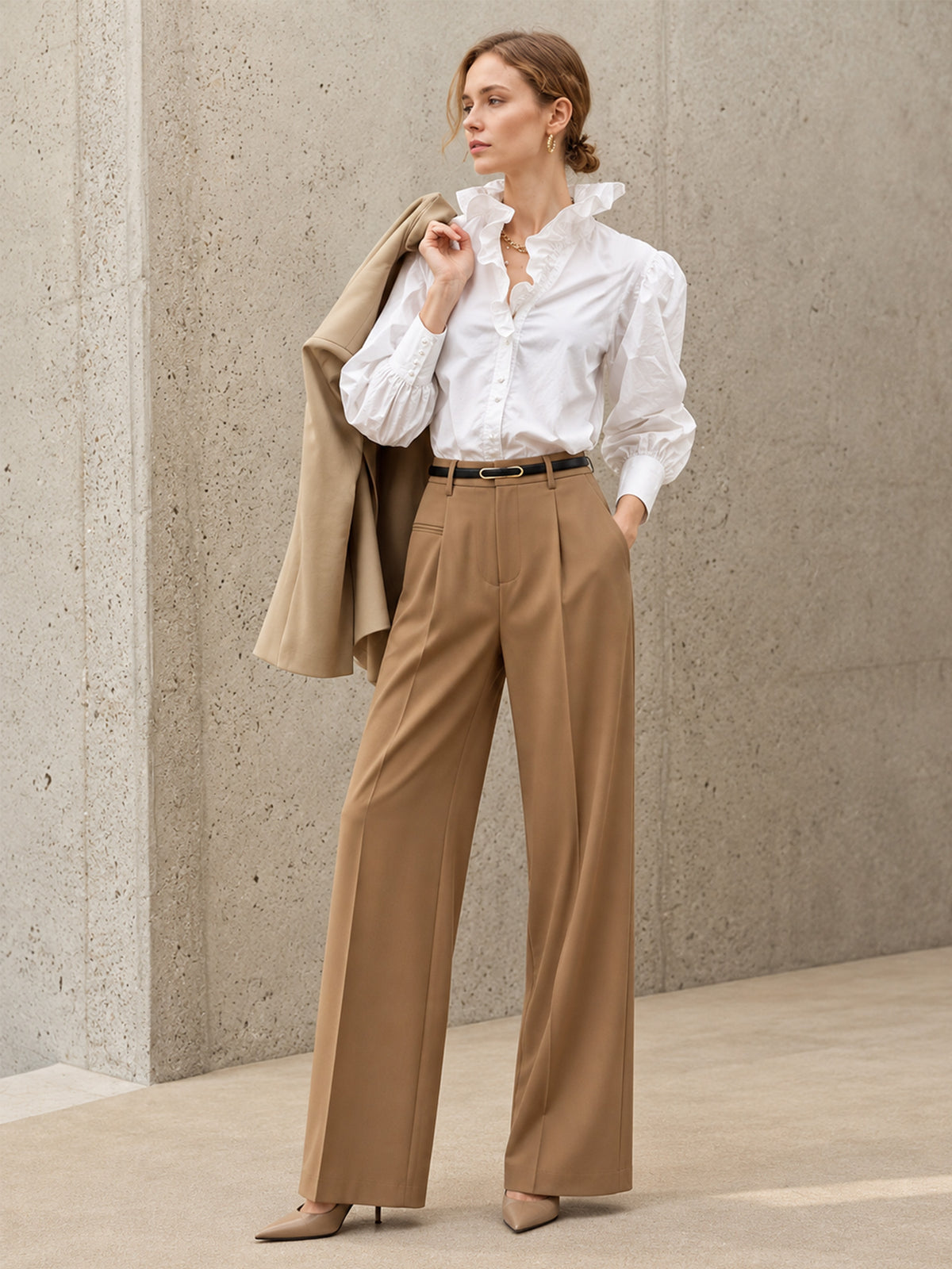 White Ruffle V-Neck Puff Long Sleeve Button Down Shirt