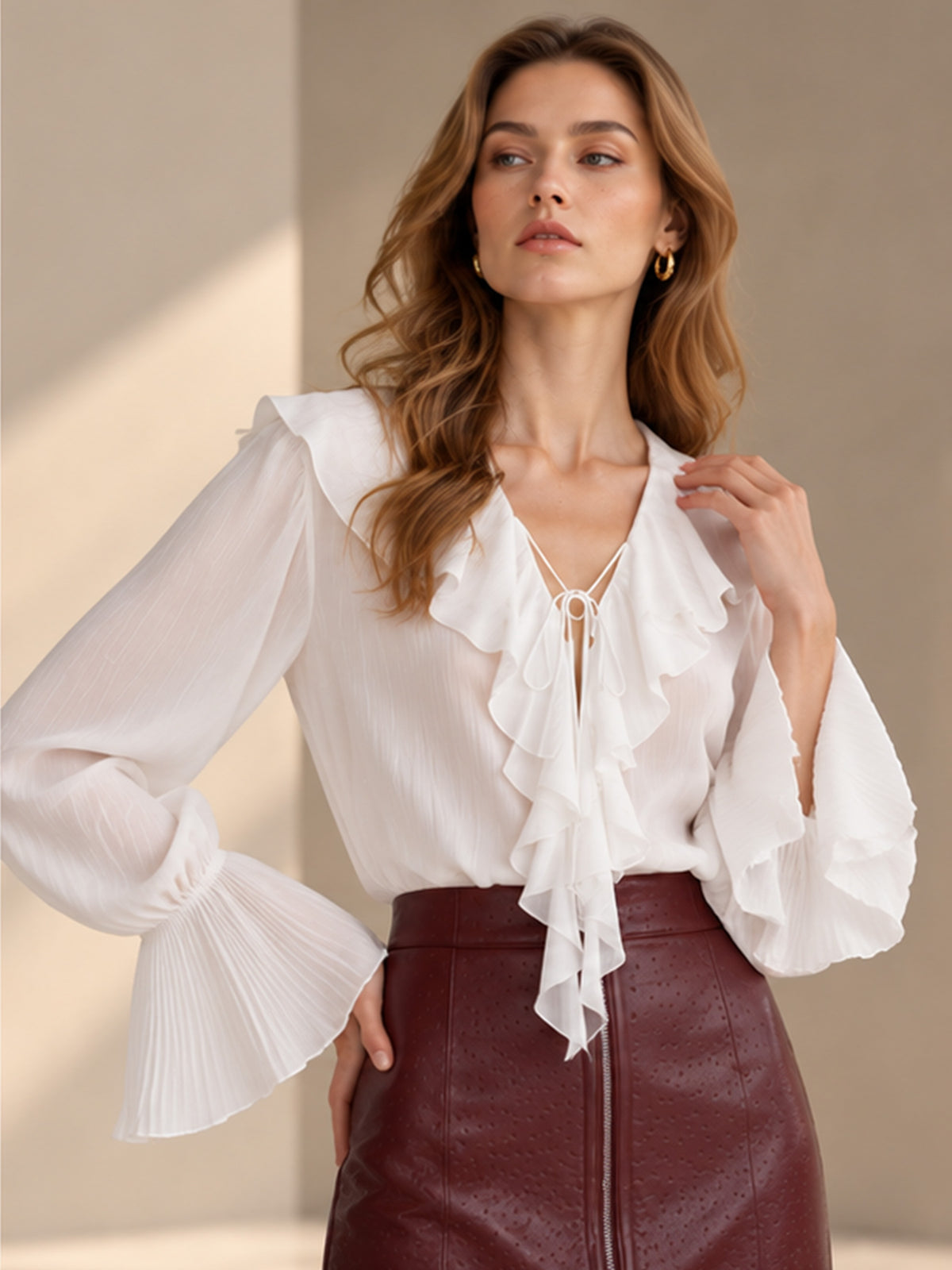 White Sheer Ruffle V-Neck Tie Front Flare Long Sleeve Blouse