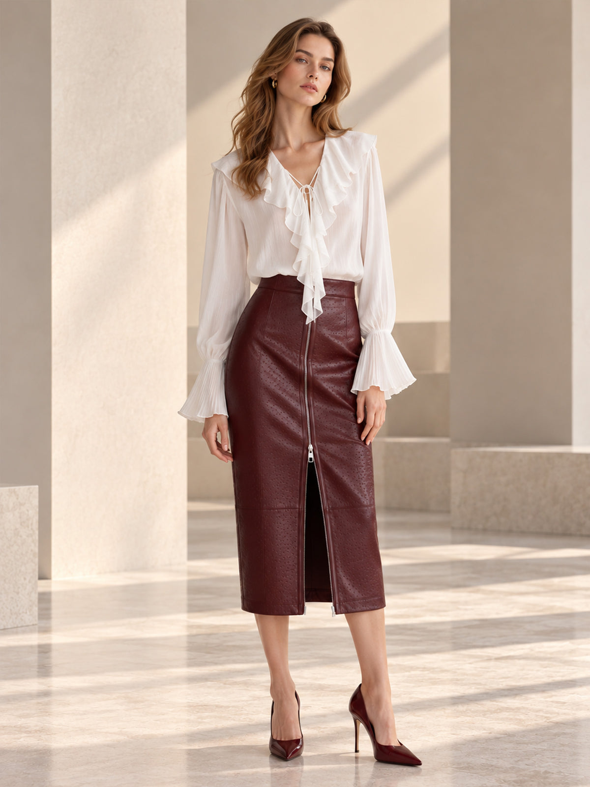 White Sheer Ruffle V-Neck Tie Front Flare Long Sleeve Blouse