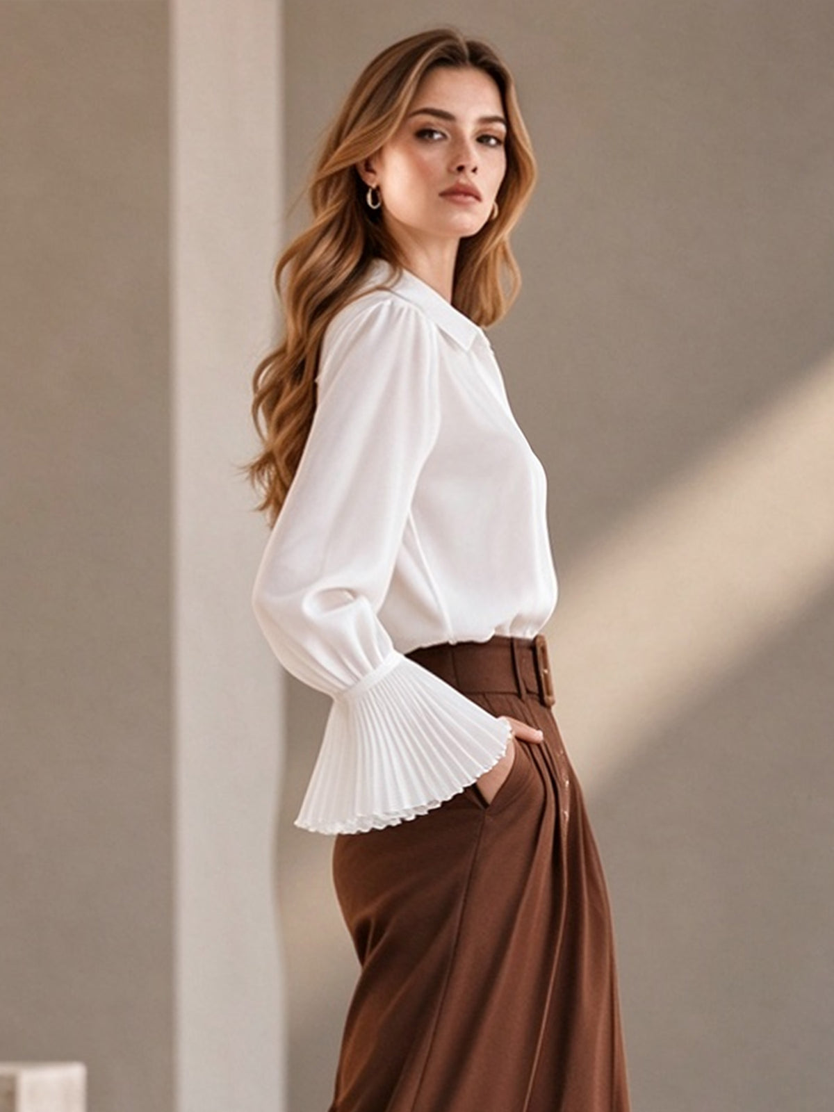 White Collared Button Down Shirt with Pleated Flare Long Sleeves
