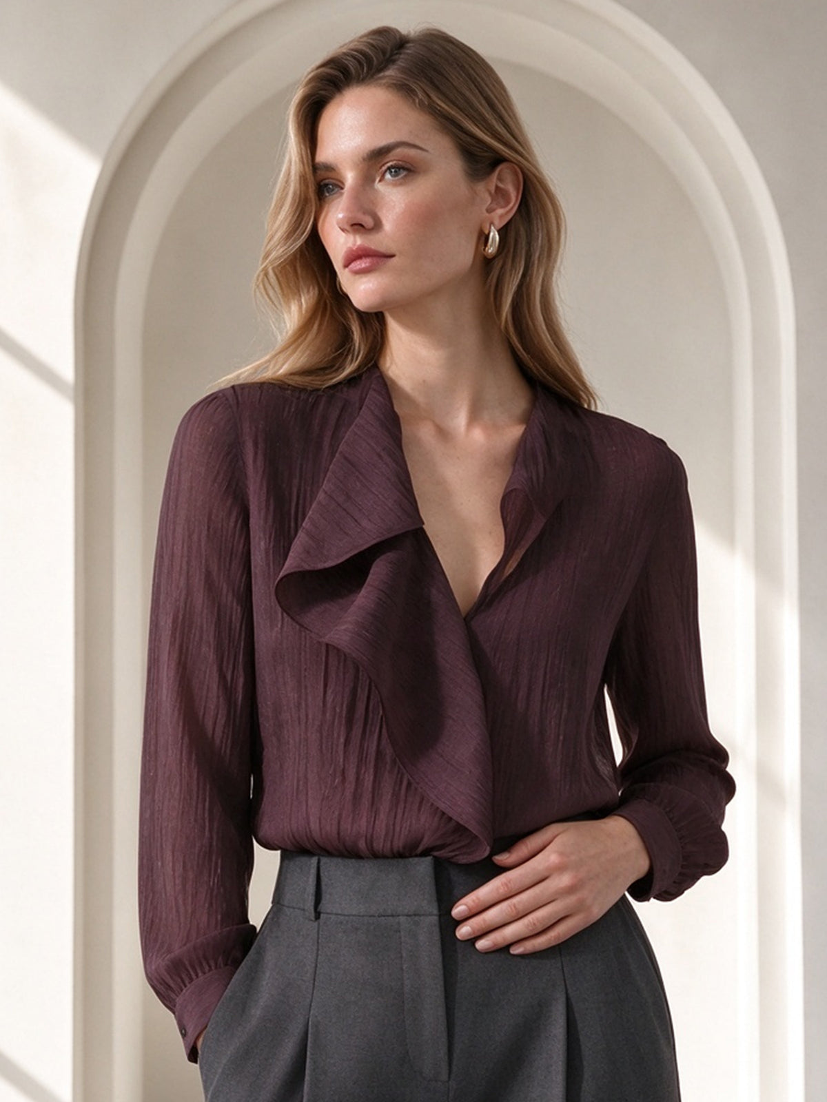 Burgundy Ruffle V-Neck Long Sleeve Blouse
