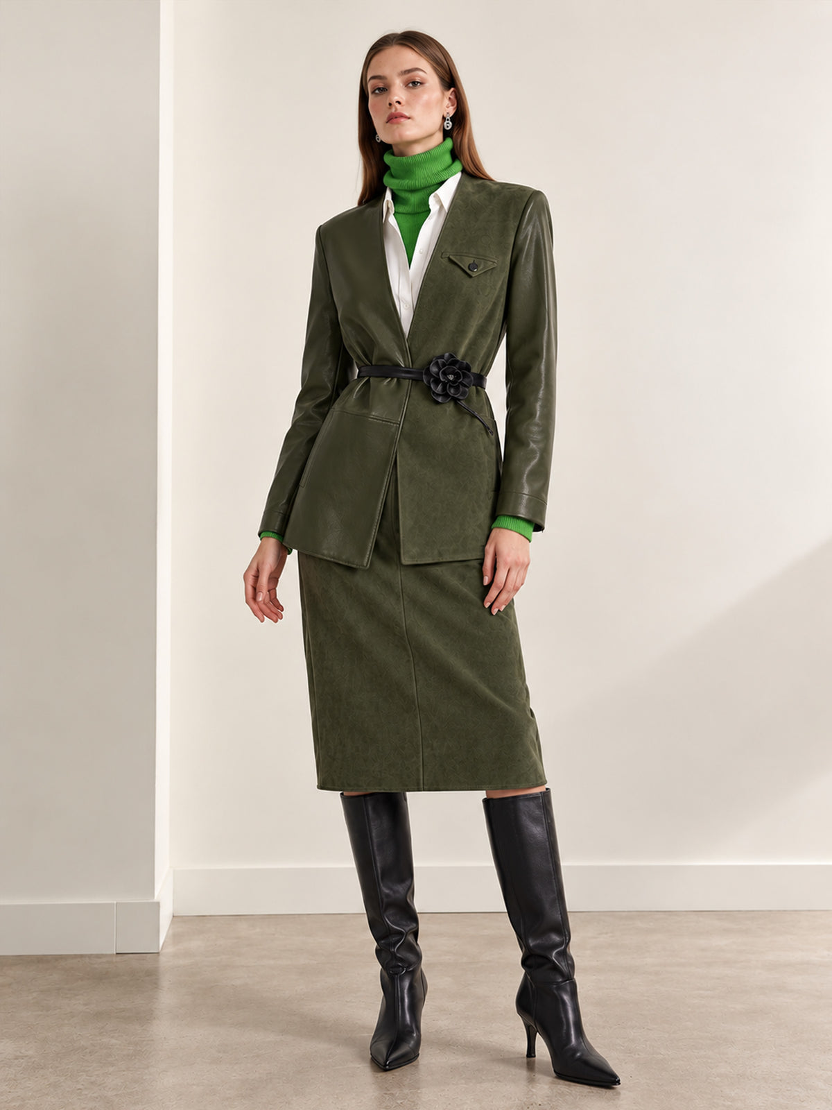 Olive Green Faux Leather Belted Blazer & Midi Skirt 2-Piece Suit