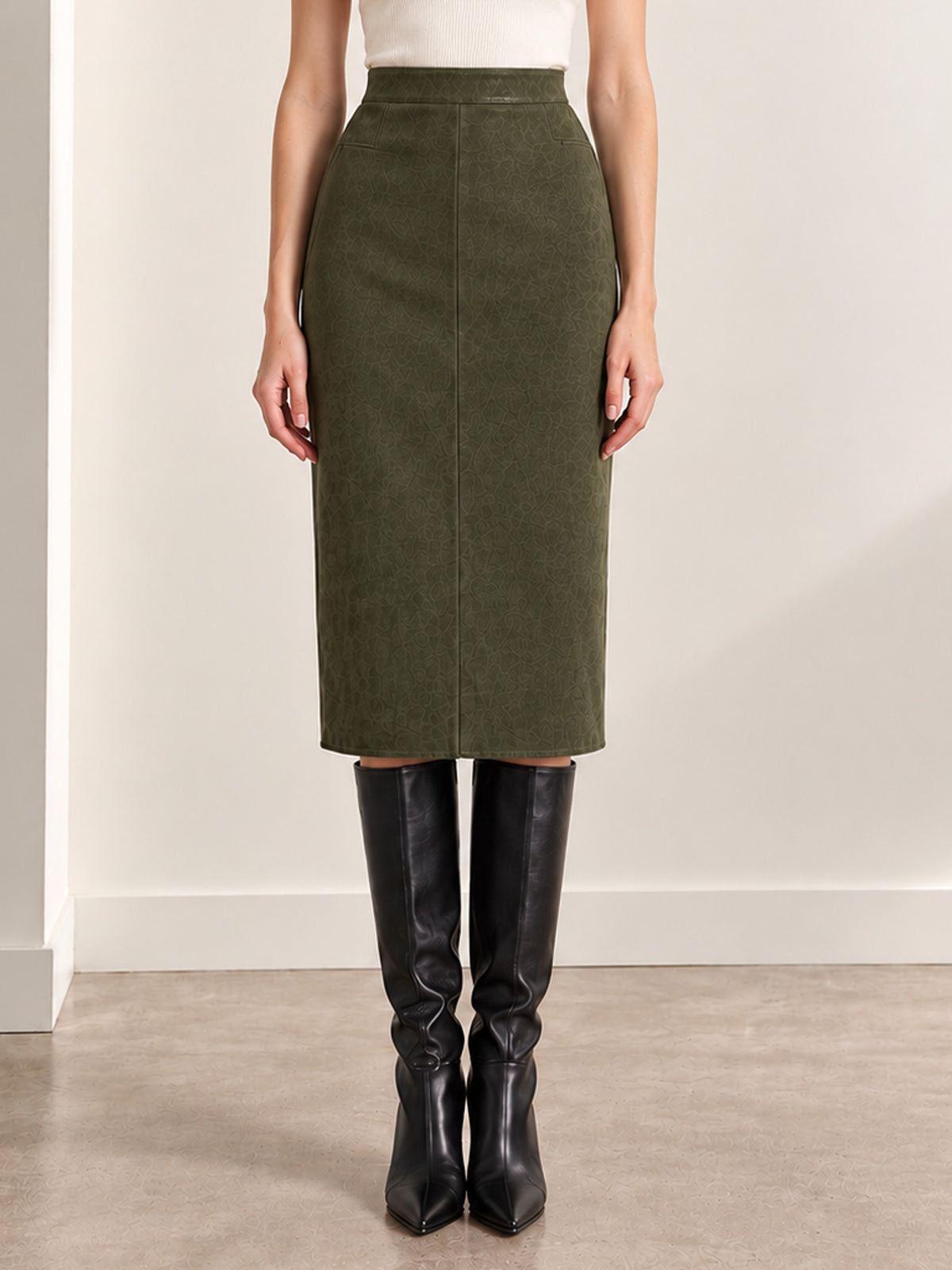 Olive Green Faux Leather Belted Blazer & Midi Skirt 2-Piece Suit