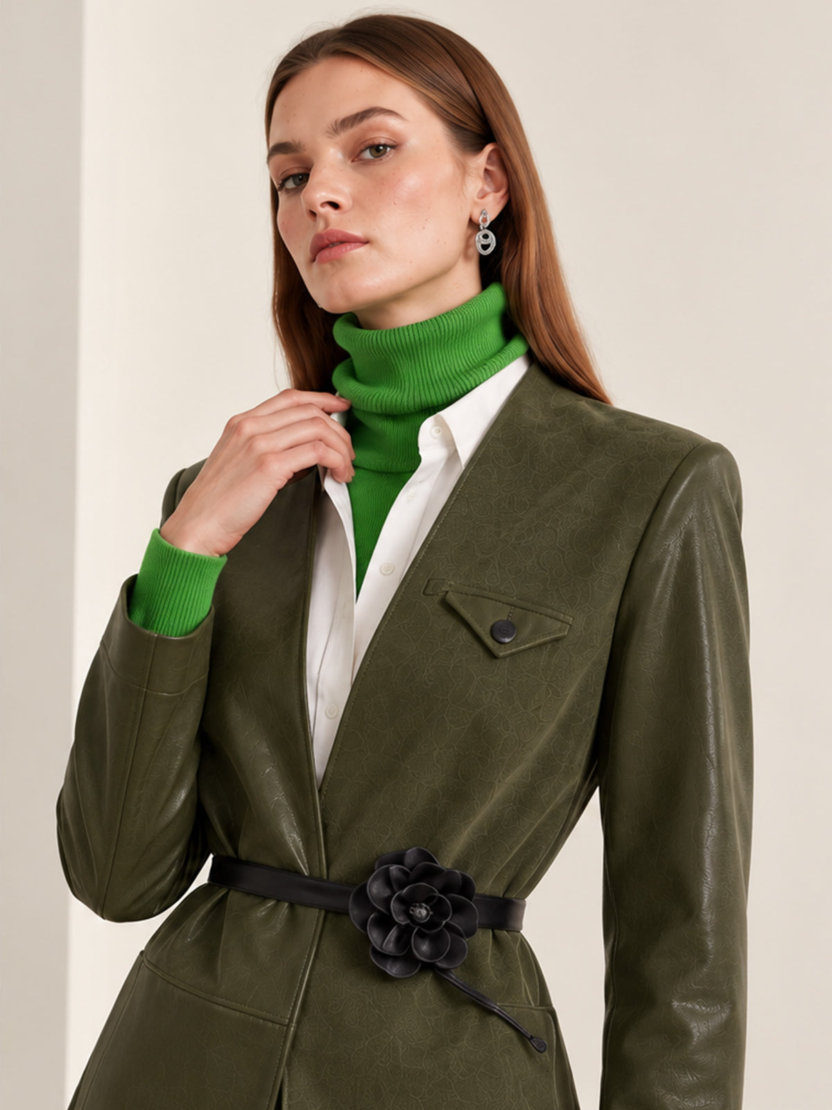 Olive Green Faux Leather Belted Blazer & Midi Skirt 2-Piece Suit