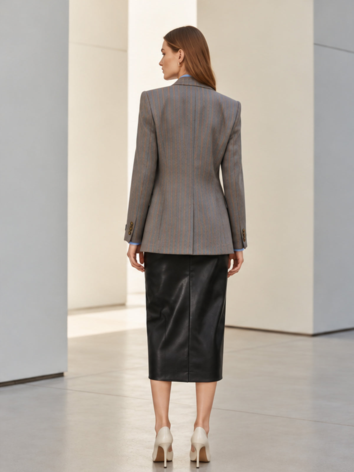 Grey Pinstripe Double Breasted Blazer & Faux Leather Front Slit Midi Skirt 2-Piece Suit