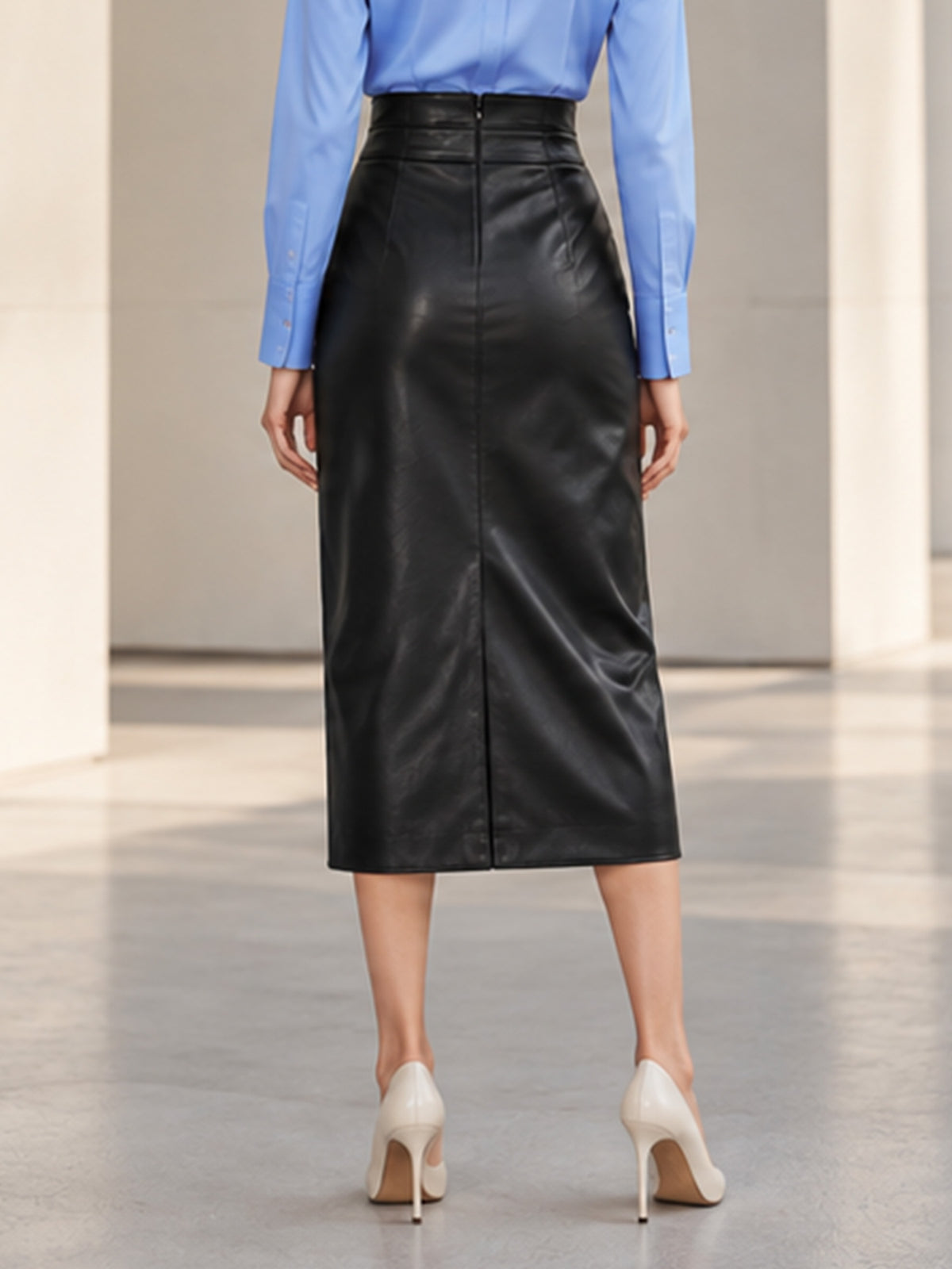 Black High Waist Faux Leather Front Slit Midi Skirt