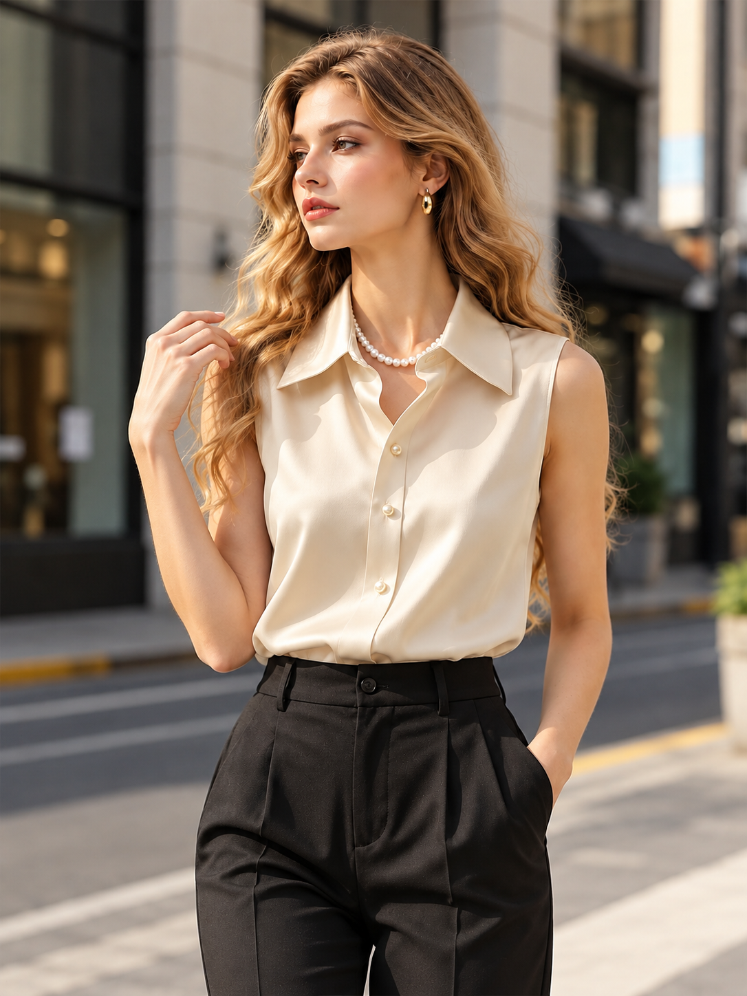 Solid Color Sleeveless Collared Shirt