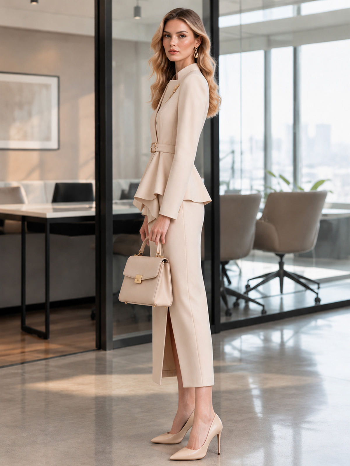 Beige Stand Collar Belted Peplum Blazer & Front Slit Midi Skirt 2-Piece Suit