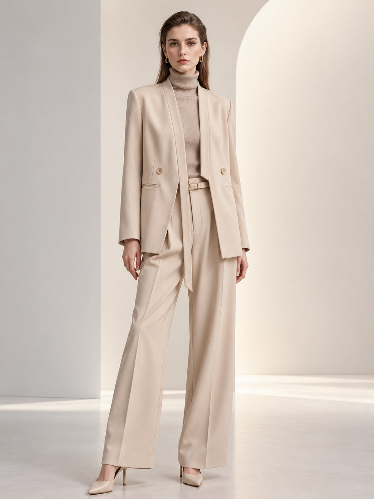 Beige Shawl Lapel Double Breasted Blazer & Wide Leg Pants 2-Piece Suit