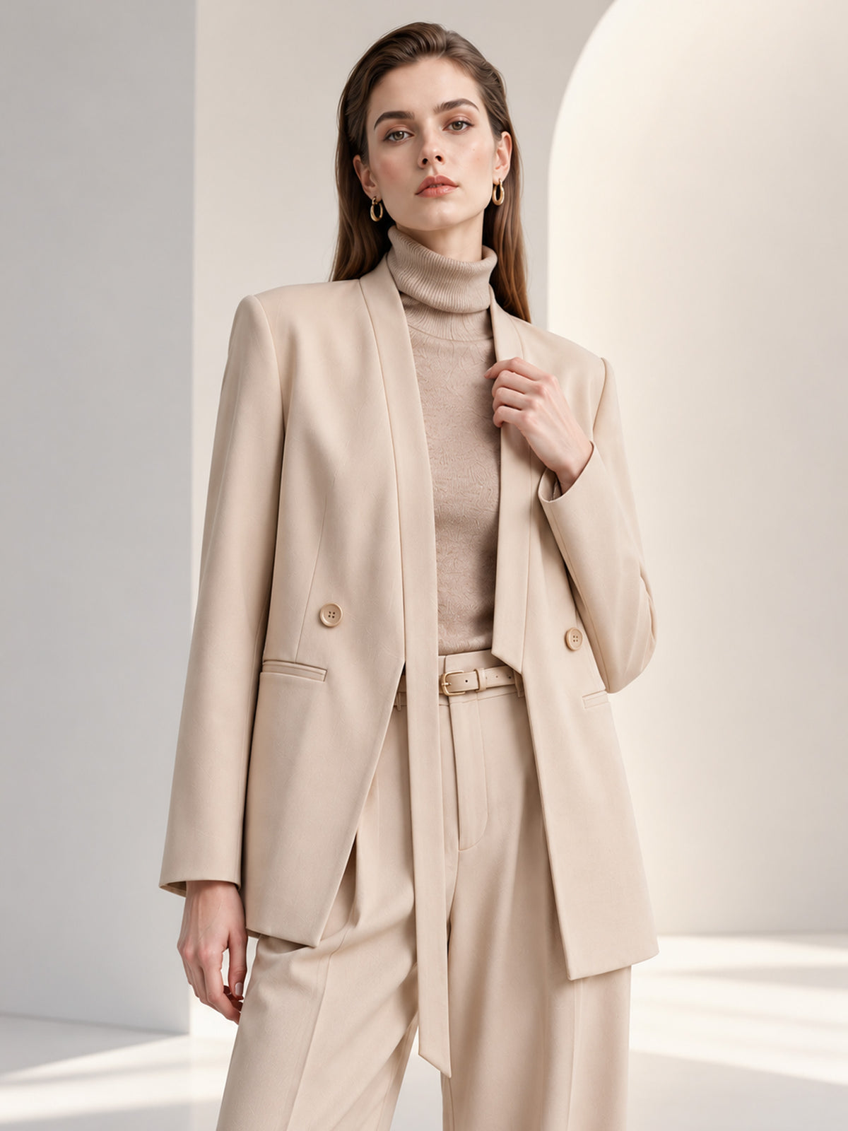 Beige Shawl Lapel Double Breasted Blazer & Wide Leg Pants 2-Piece Suit