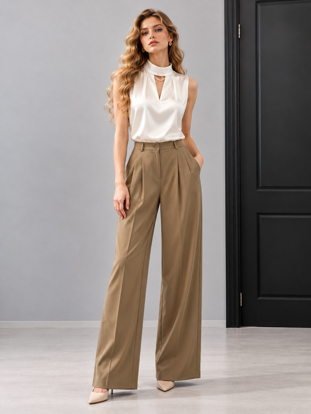 White V-Neck Satin Sleeveless Shirt