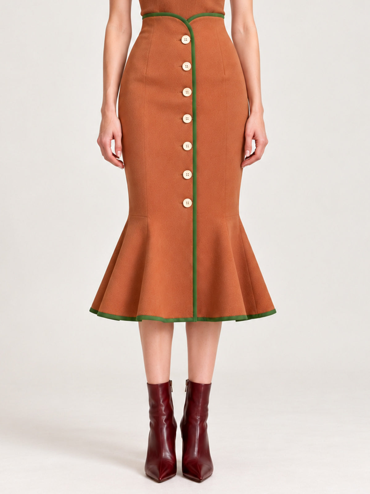 Caramel Contrast Green Piping Blazer & Mermaid Midi Skirt 2-Piece Suit