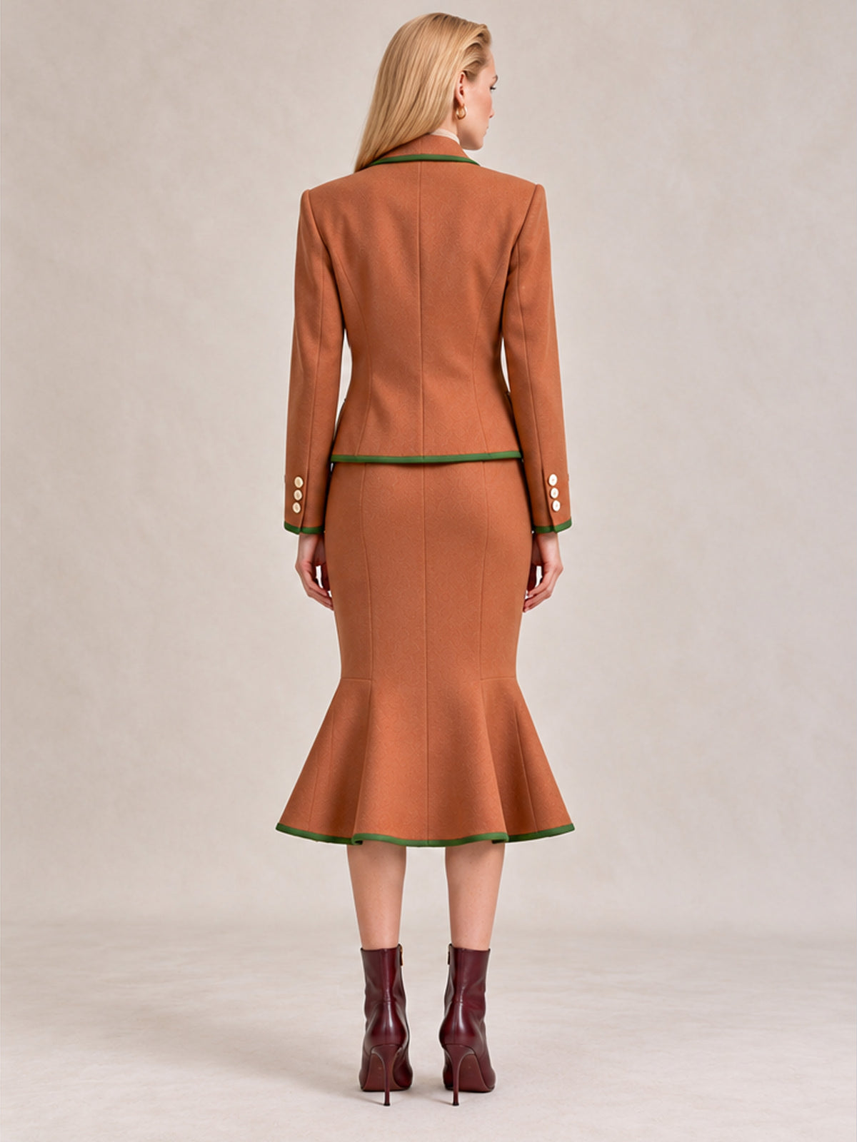 Caramel Contrast Green Piping Blazer & Mermaid Midi Skirt 2-Piece Suit
