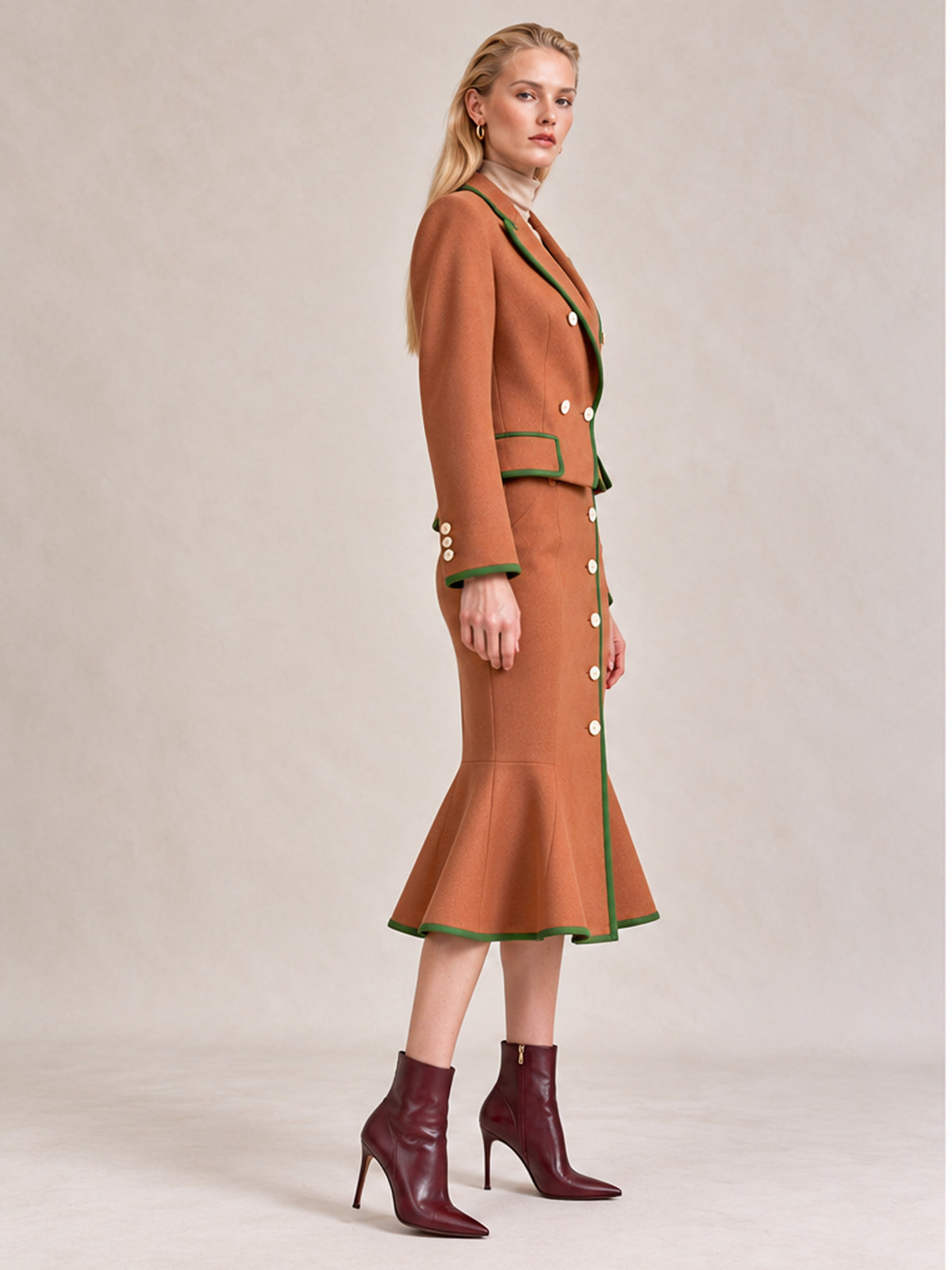 Caramel Contrast Green Piping Blazer & Mermaid Midi Skirt 2-Piece Suit