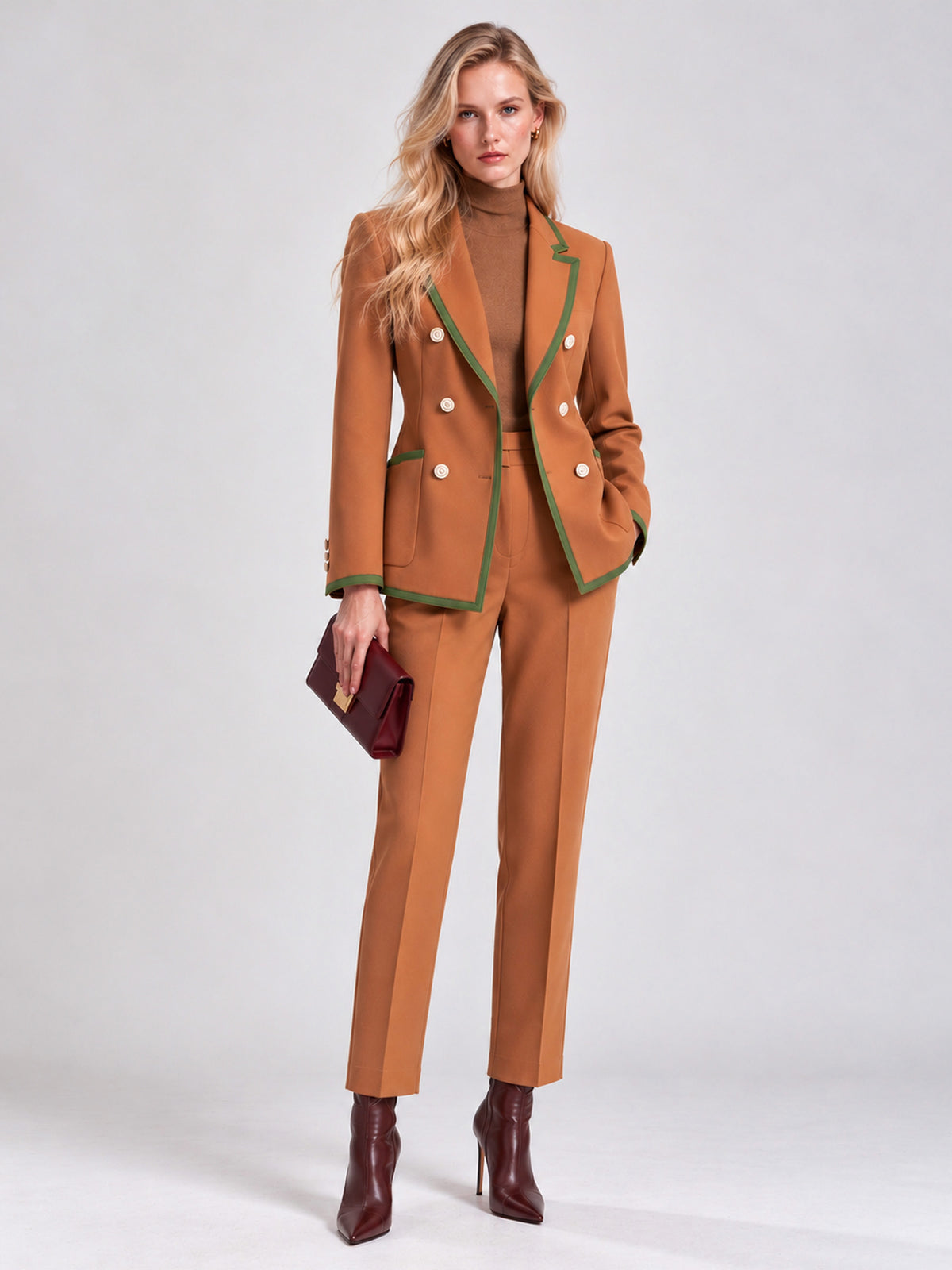 Caramel Contrast Trim Double Breasted Blazer & Straight Leg Pants 2-Piece Suit