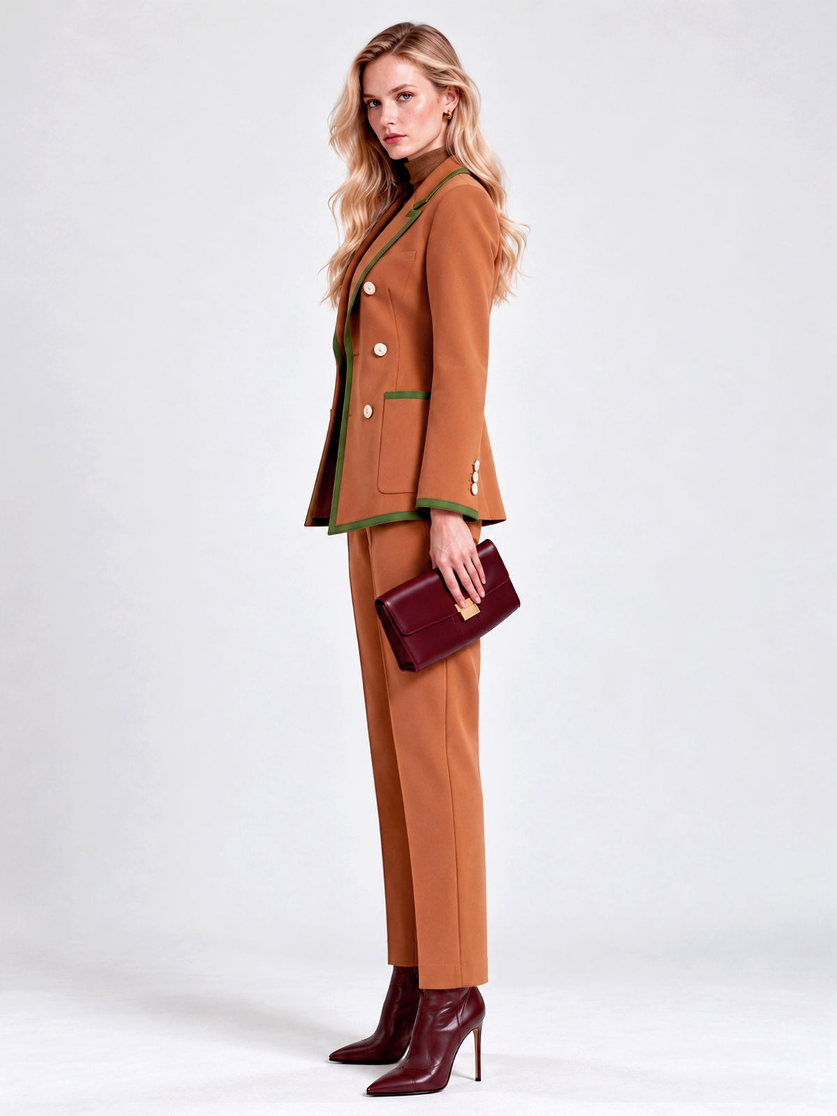 Caramel Contrast Trim Double Breasted Blazer & Straight Leg Pants 2-Piece Suit