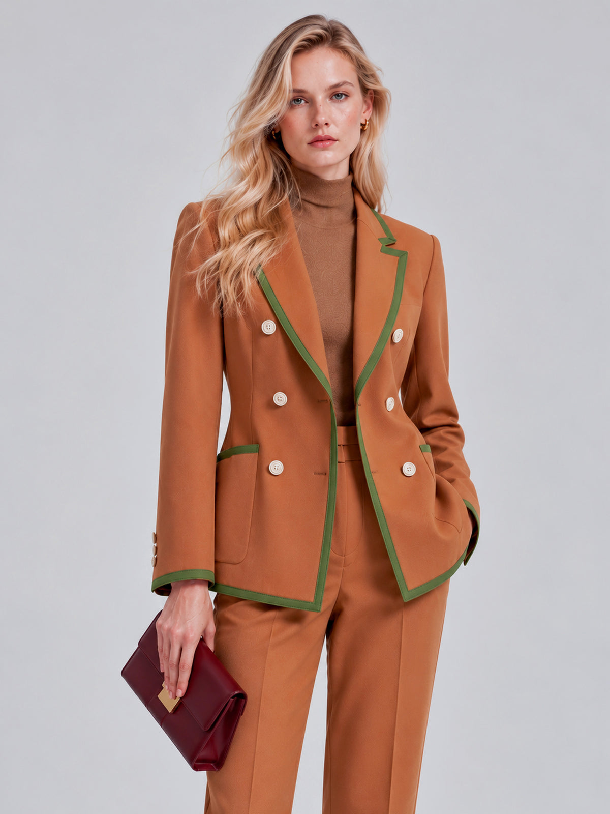 Caramel Contrast Trim Double Breasted Blazer & Straight Leg Pants 2-Piece Suit