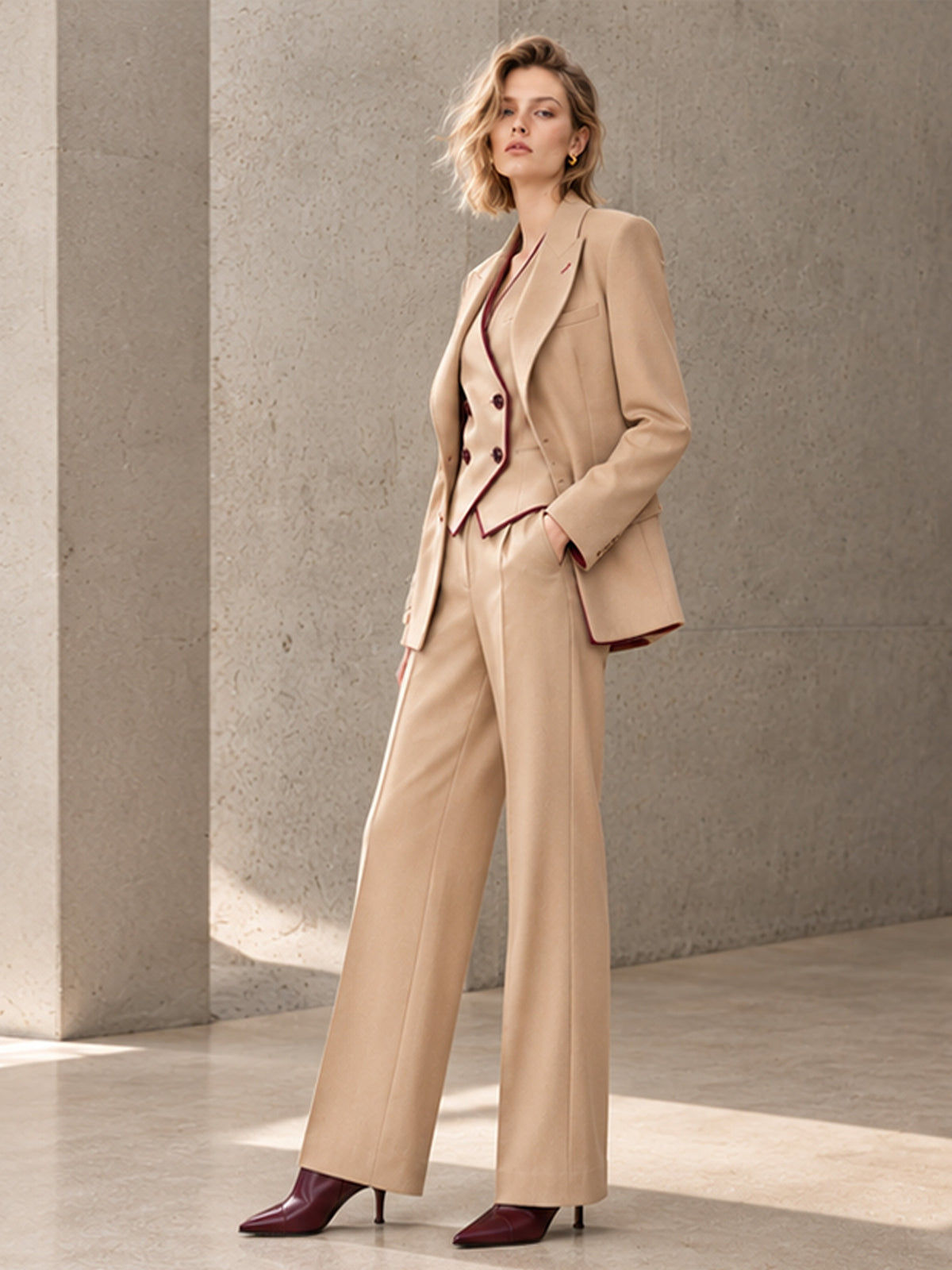 Beige Notch Lapel Blazer & Burgundy Piping Vest & Wide Leg Pants 3-Piece Suit