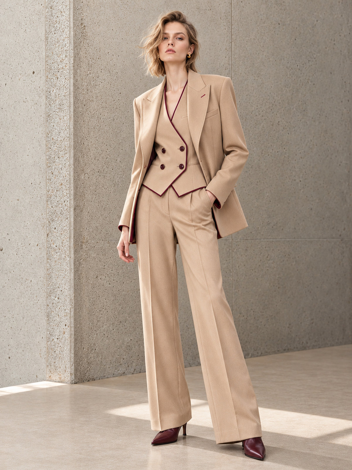 Beige Notch Lapel Blazer & Burgundy Piping Vest & Wide Leg Pants 3-Piece Suit