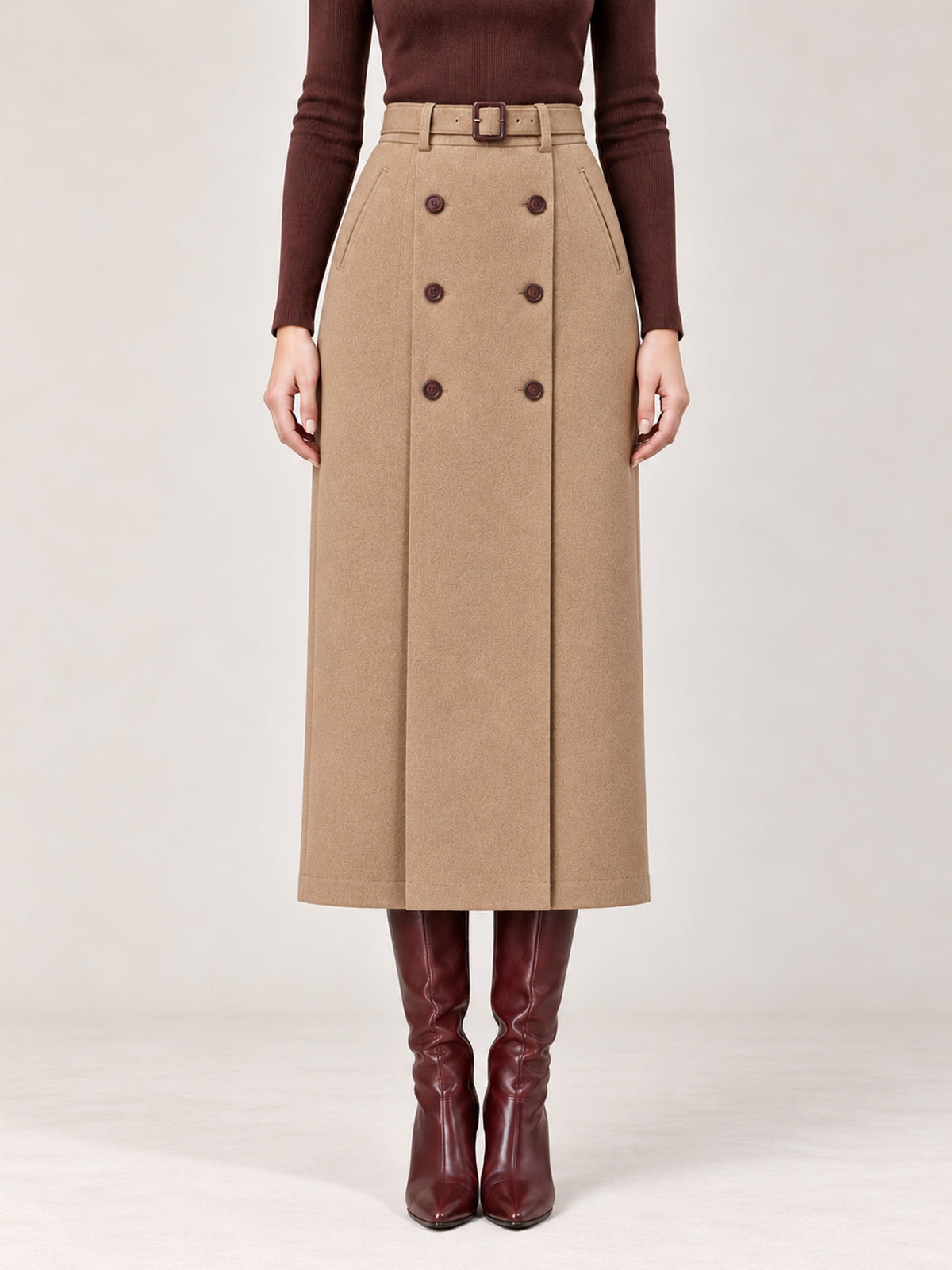 Beige Wide Lapel Belted Coat & Straight Midi Skirt 2-Piece Suit
