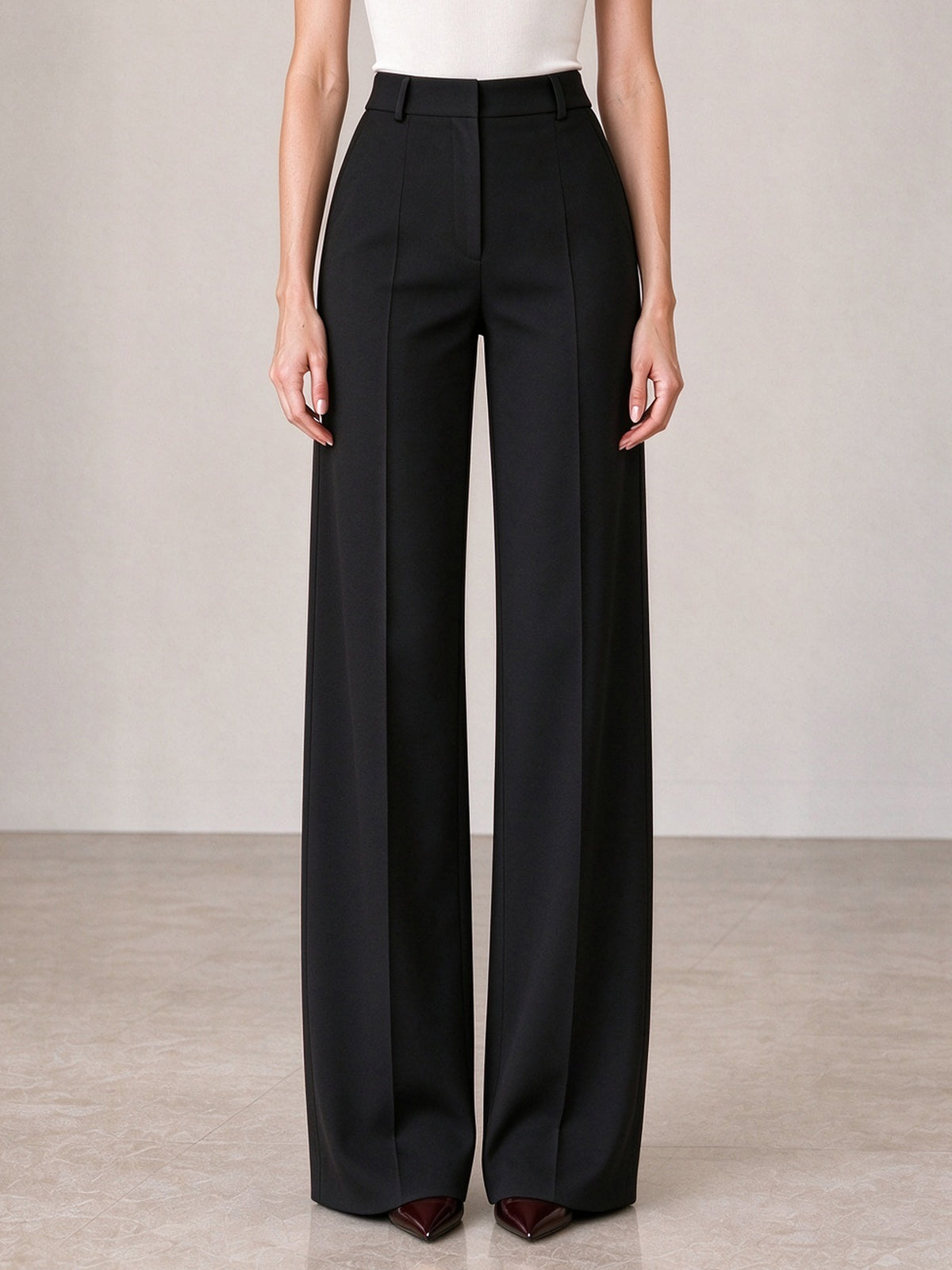 Black Notch Lapel Contrast Panel Belted Blazer & Wide Leg Pants 2-Piece Suit