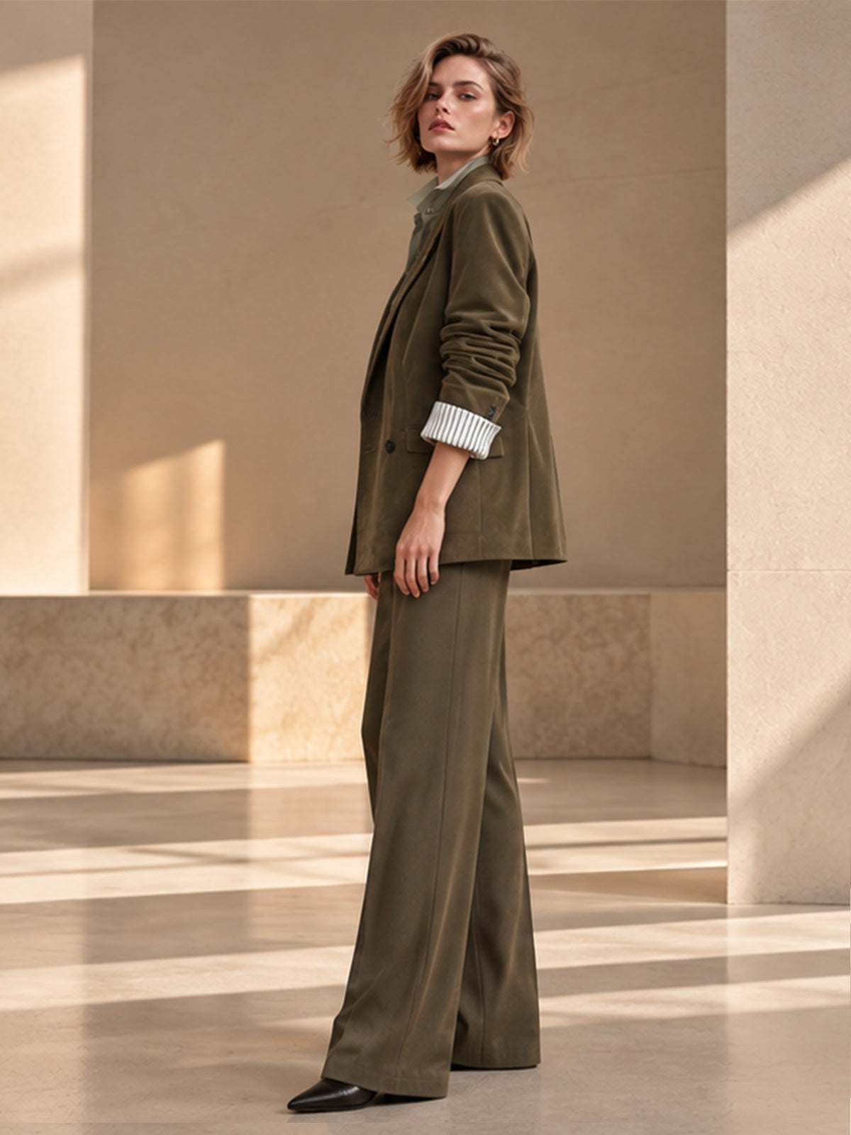 Olive Faux Suede Notch Lapel Blazer & Wide Leg Pants 2-Piece Suit