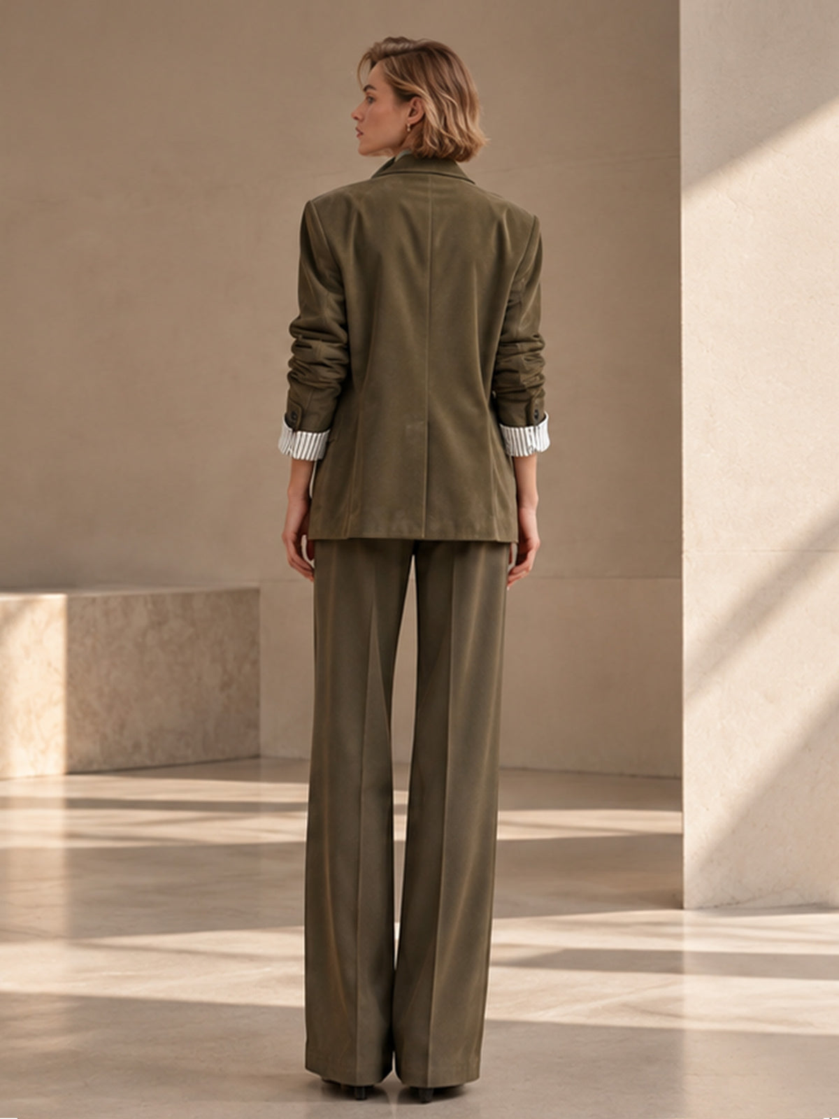 Olive Faux Suede Notch Lapel Blazer & Wide Leg Pants 2-Piece Suit