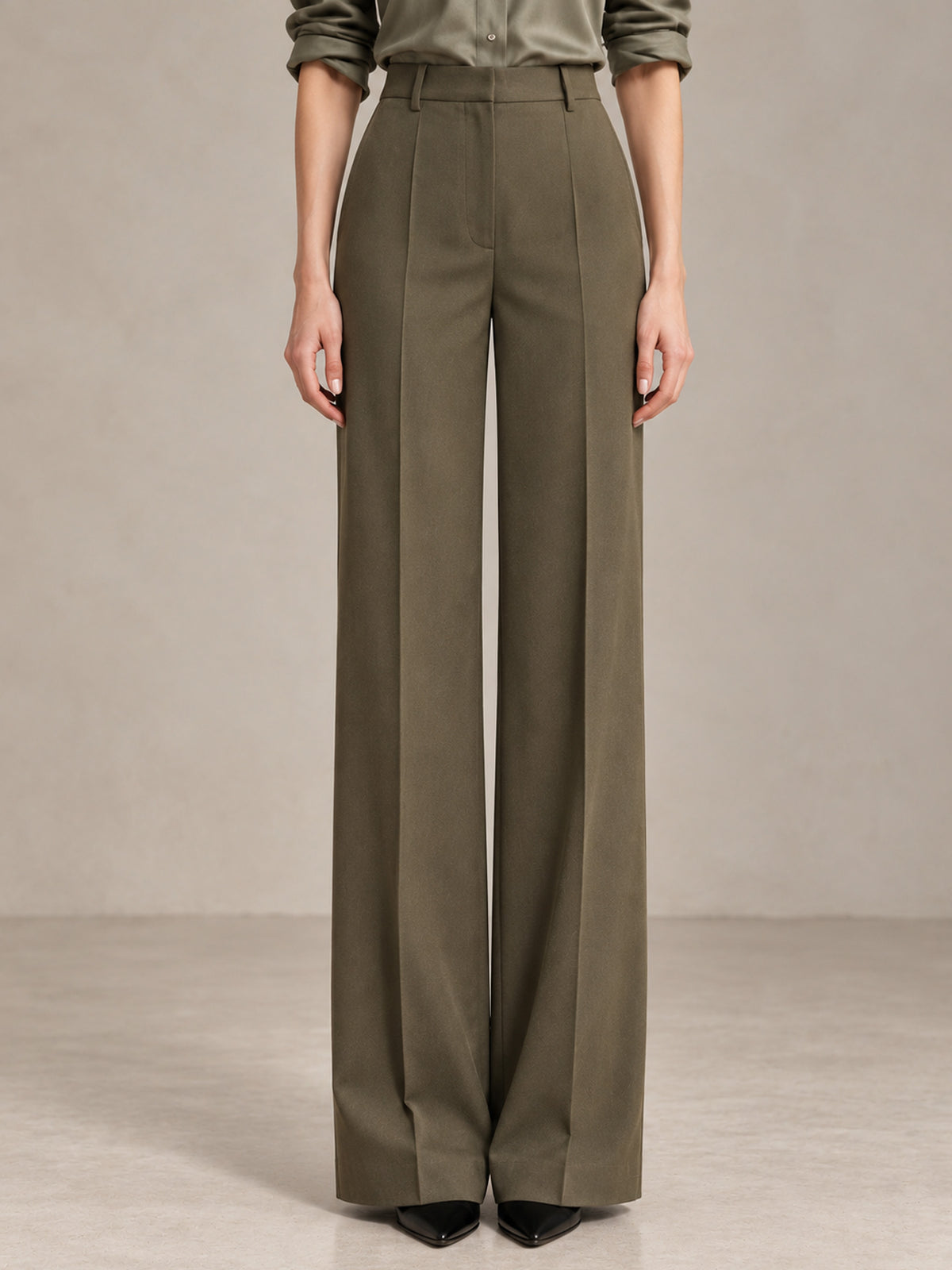 Olive Faux Suede Notch Lapel Blazer & Wide Leg Pants 2-Piece Suit