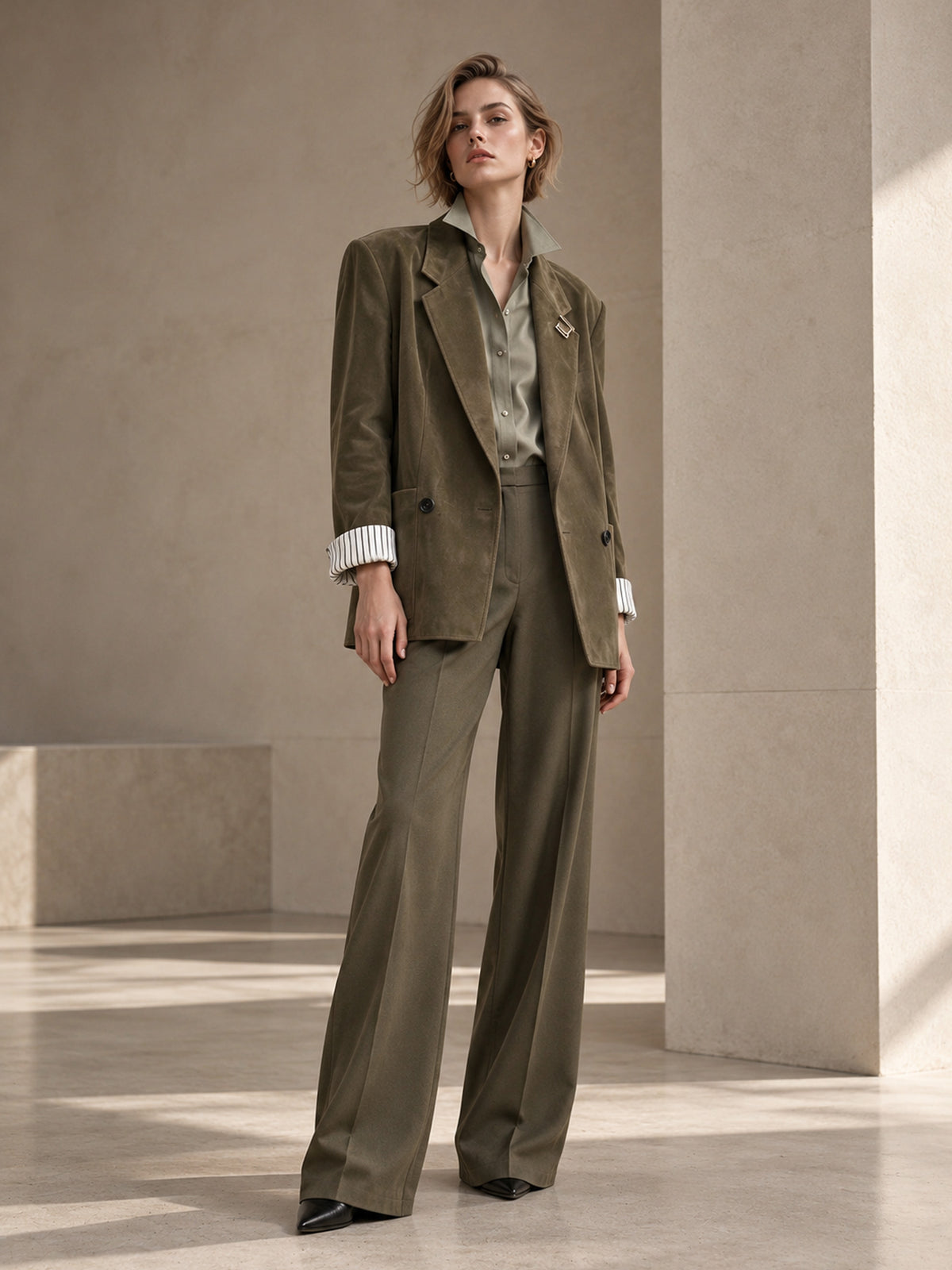 Olive Faux Suede Notch Lapel Blazer & Wide Leg Pants 2-Piece Suit