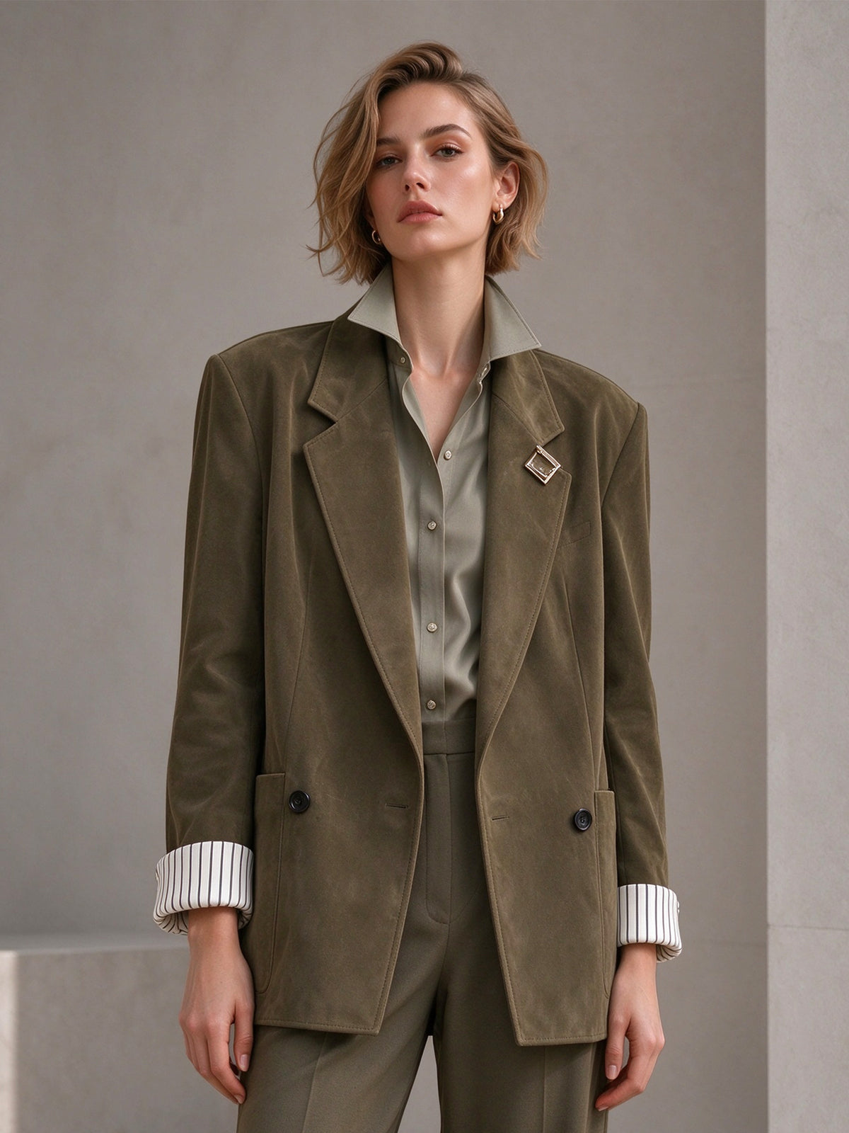 Olive Faux Suede Notch Lapel Blazer & Wide Leg Pants 2-Piece Suit
