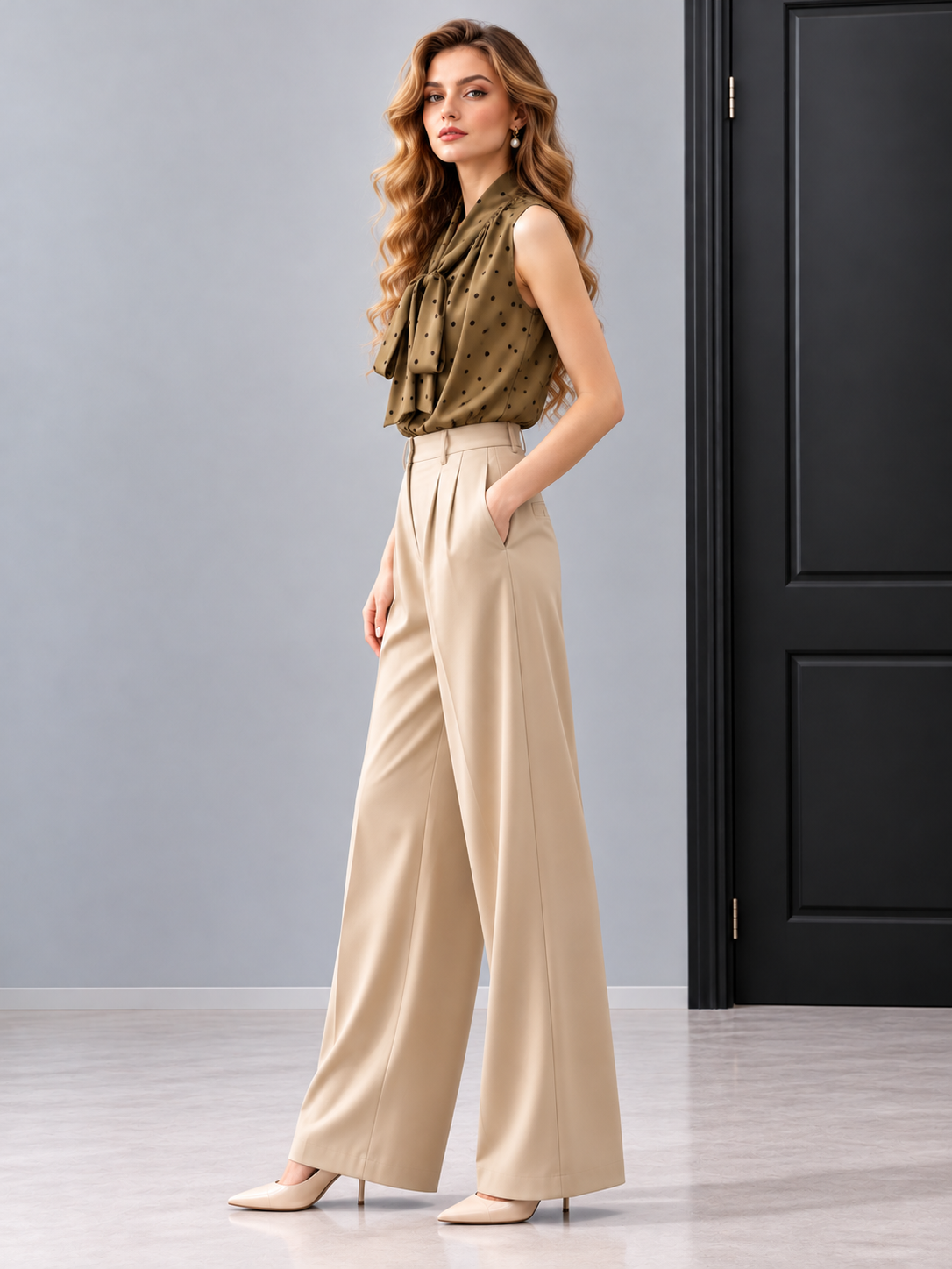 Polka Dot Sleeveless Tie Front Shirt