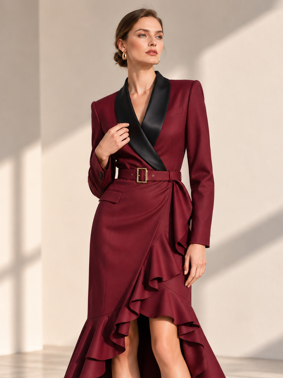 Burgundy Satin Shawl Lapel Belted Ruffle Wrap Midi Blazer Dress