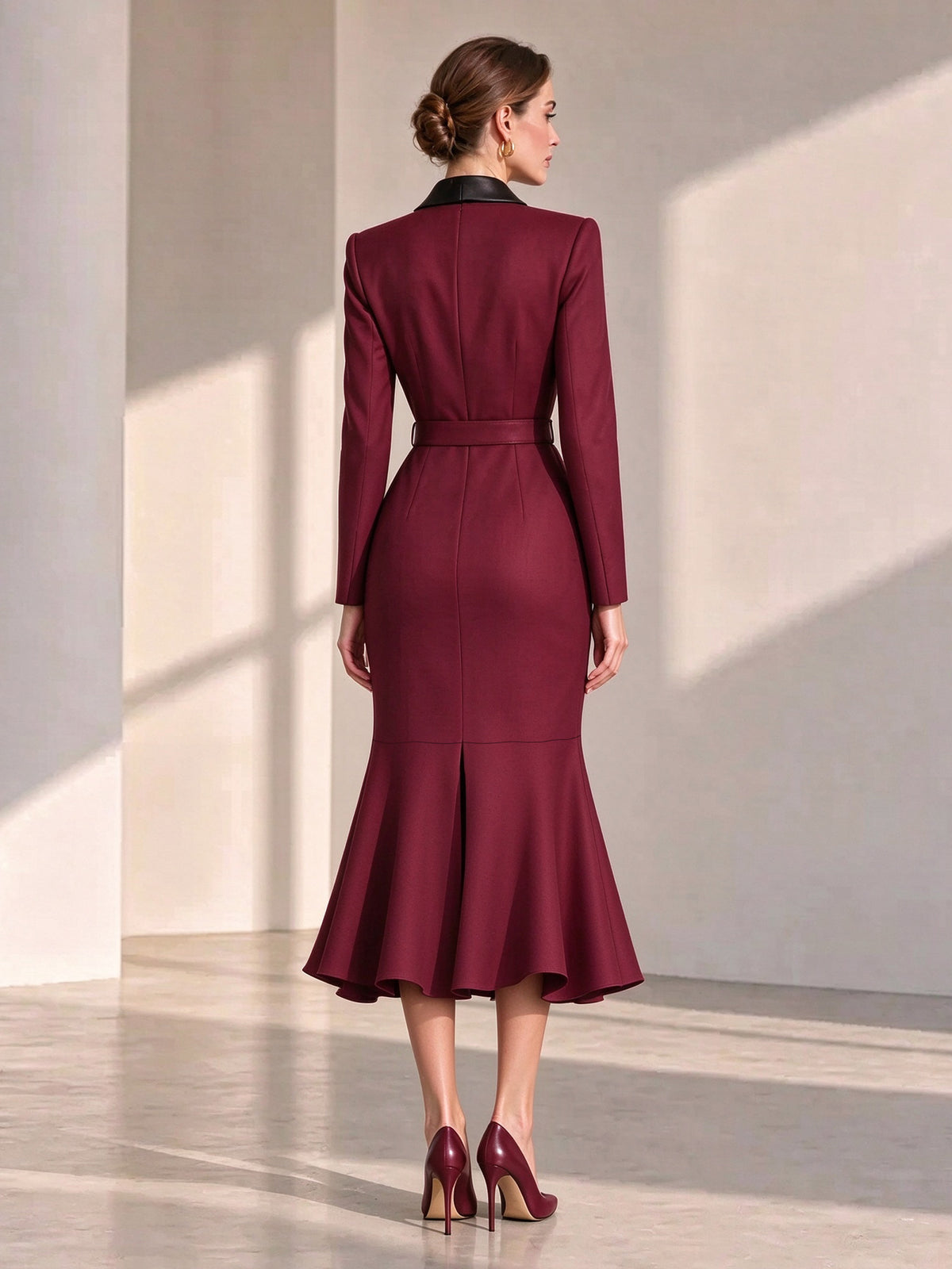 Burgundy Satin Shawl Lapel Belted Ruffle Wrap Midi Blazer Dress