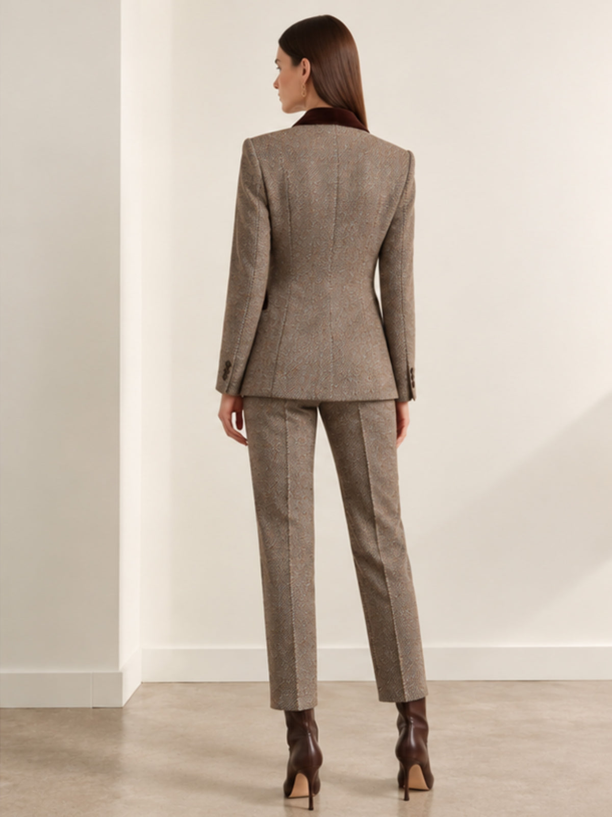 Brown Grey Flecked Contrast Lapel Blazer & Straight Pants 2-Piece Suit