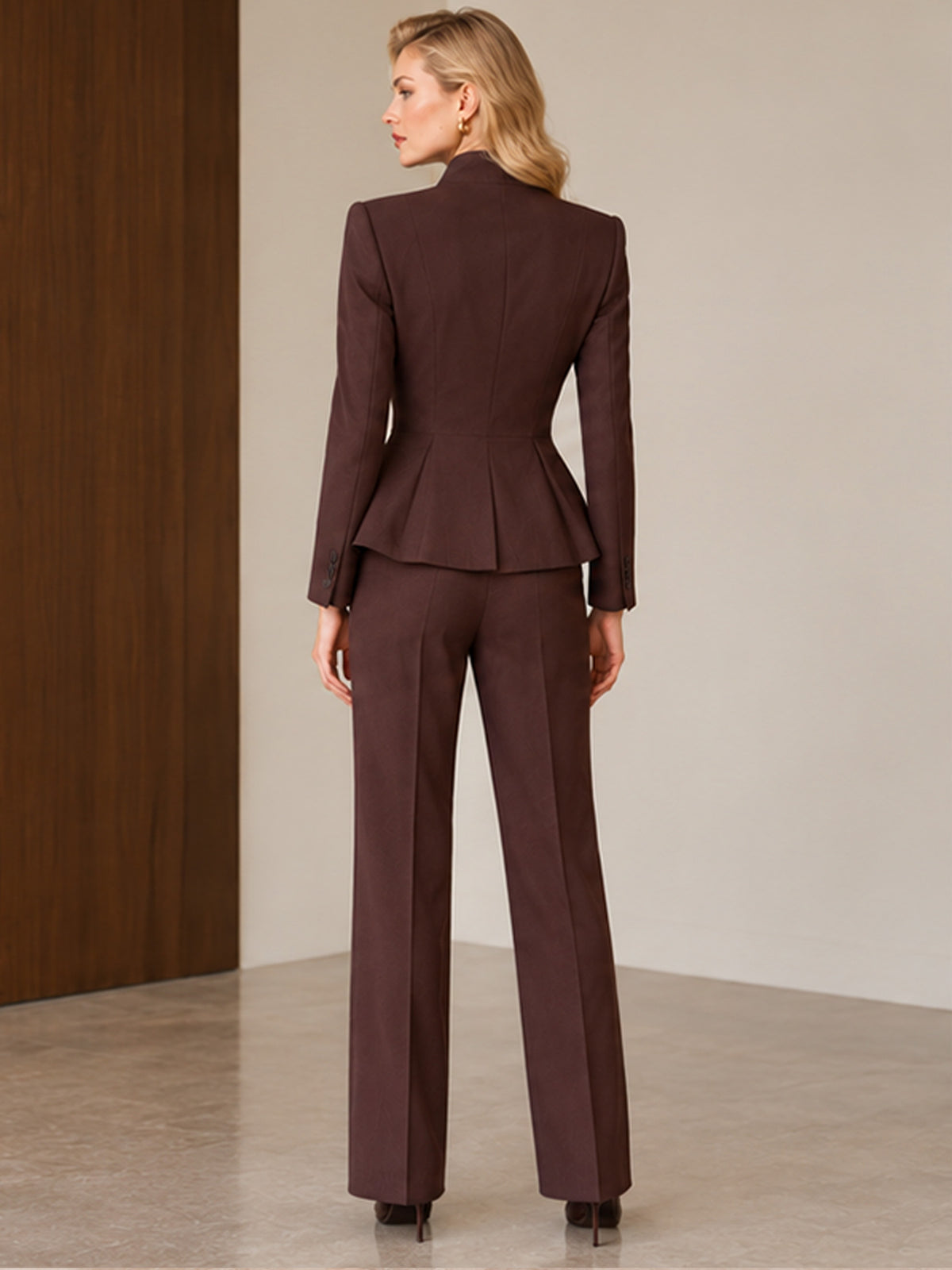 Coffee Stand Collar Peplum Blazer & Flared Pants 2-Piece Suit