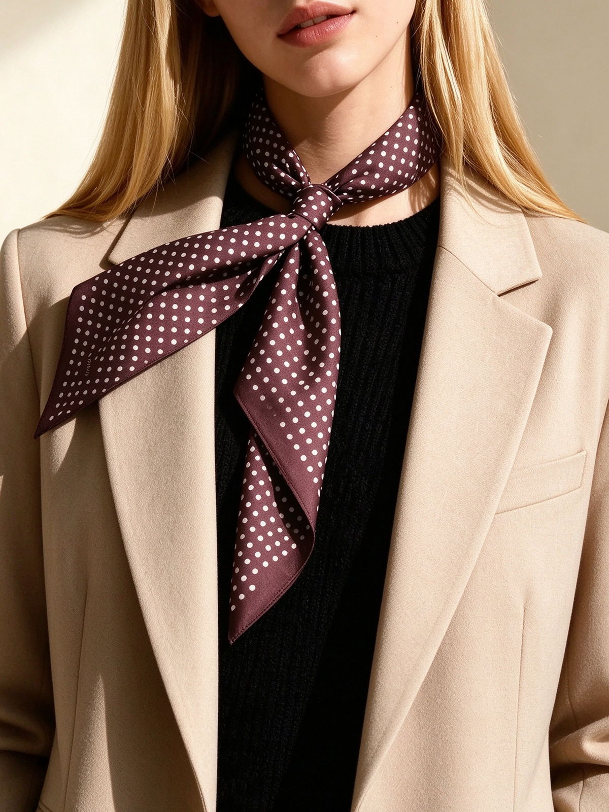 Burgundy White Polka Dot Silk Neck Scarf