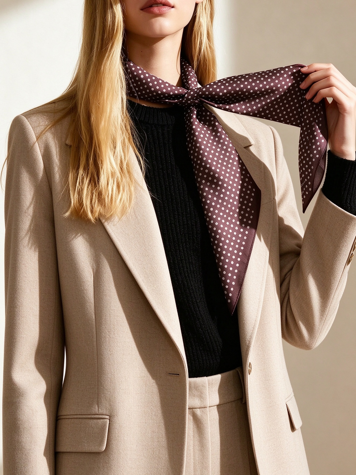 Burgundy White Polka Dot Silk Neck Scarf