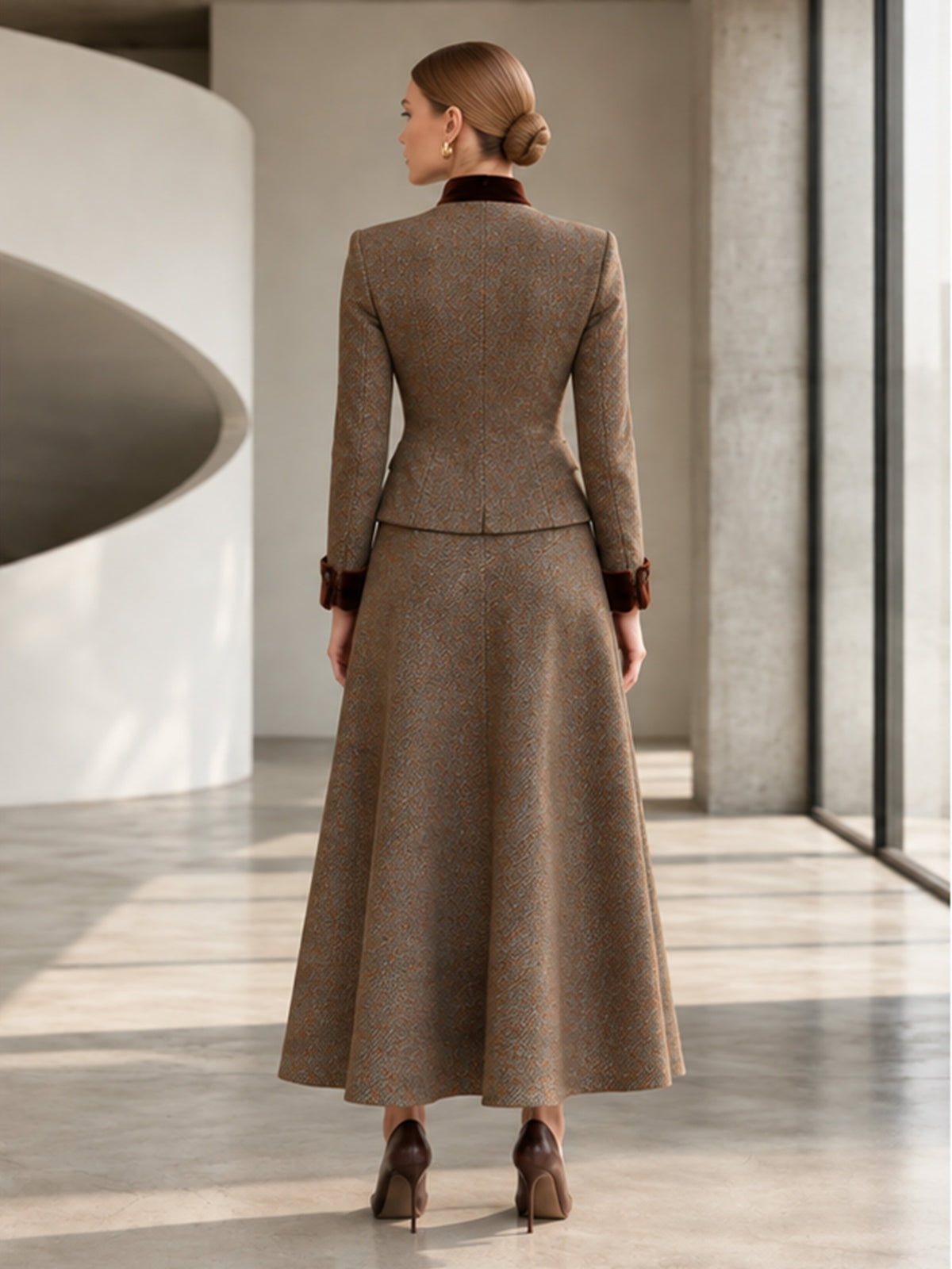 Brown Tweed Velvet Trim Jacket & Maxi Flare Skirt 2-Piece Suit
