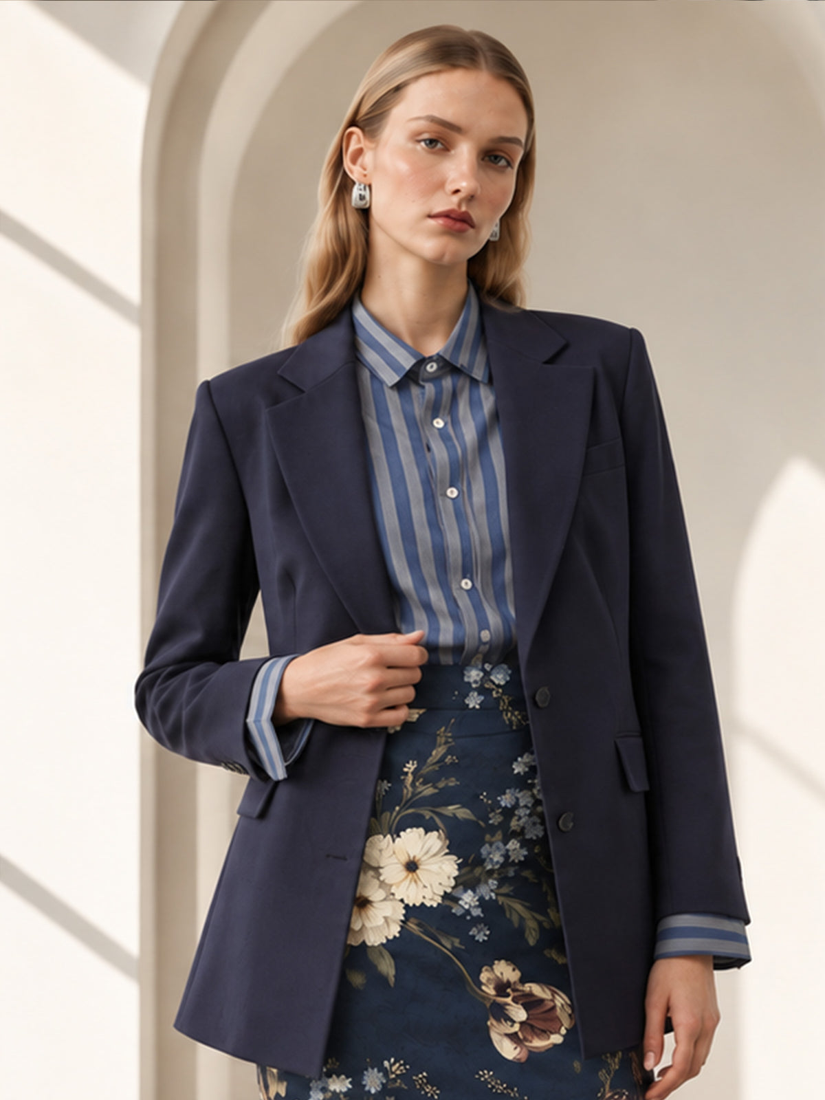 Navy Notch Lapel Blazer & Dark Floral Print Midi Pencil Skirt 2-Piece Suit
