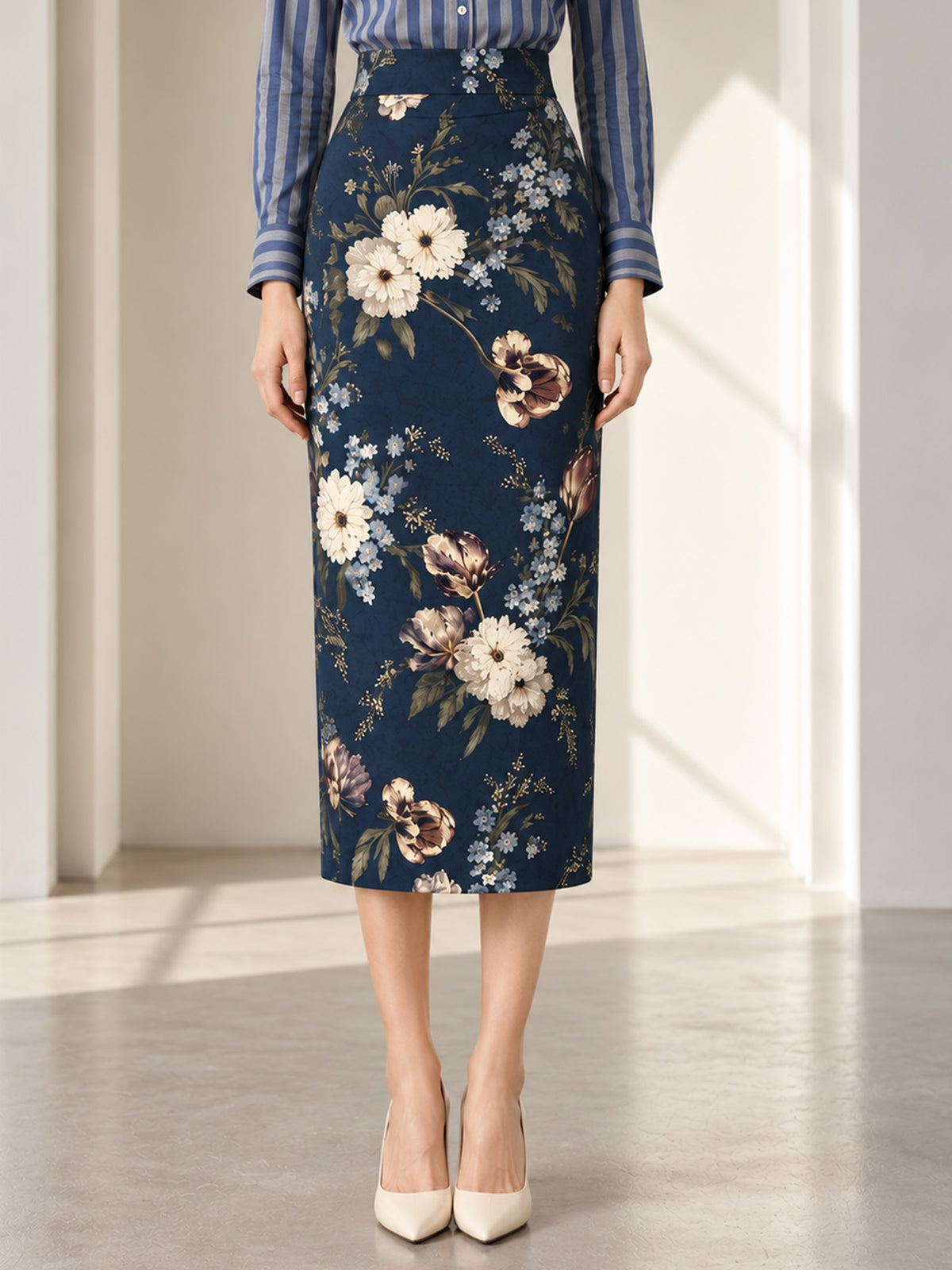 Navy Notch Lapel Blazer & Dark Floral Print Midi Pencil Skirt 2-Piece Suit